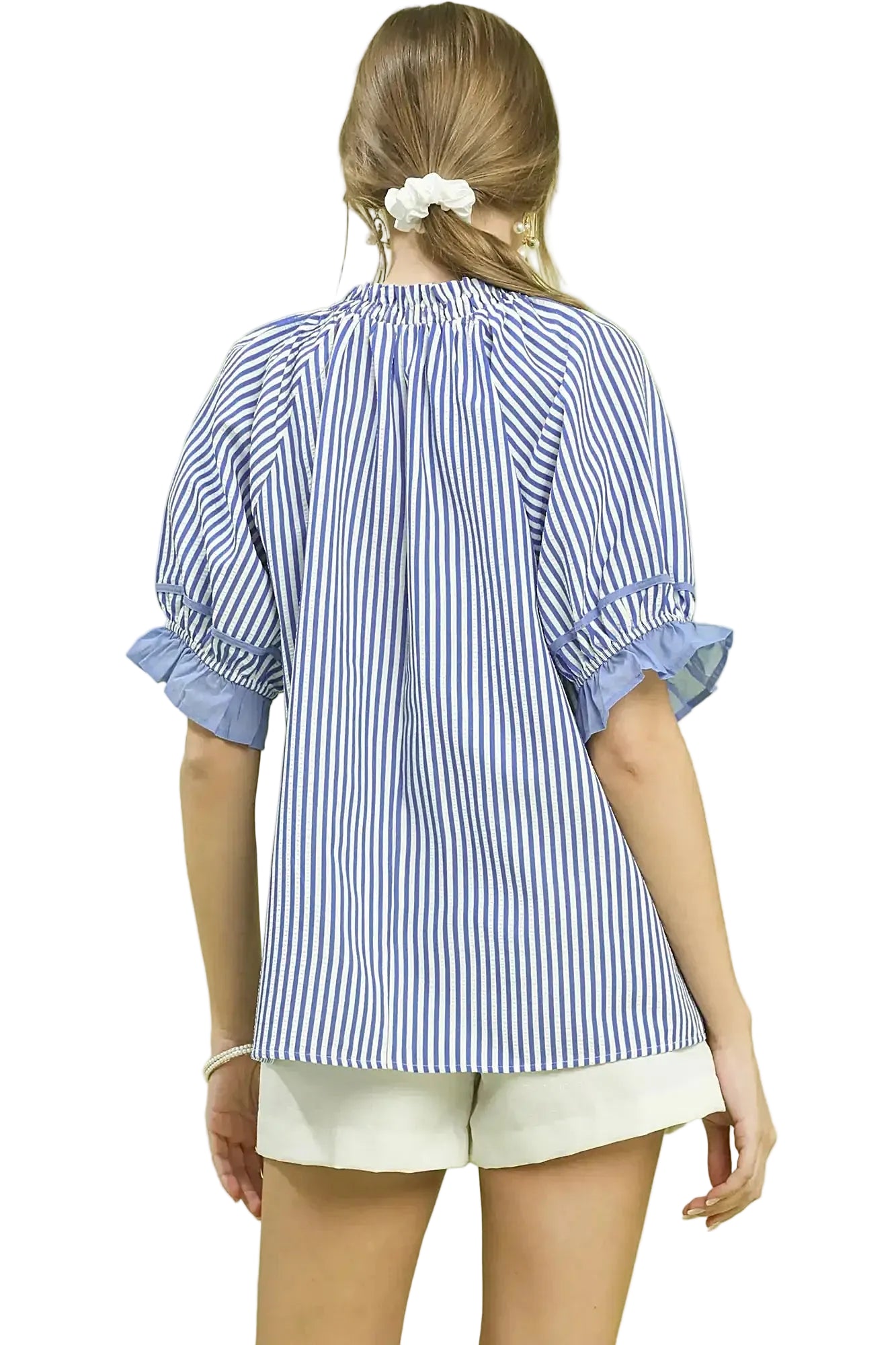 Umgee Stripe Ruffle Sleeve Split-Neck Blouse -