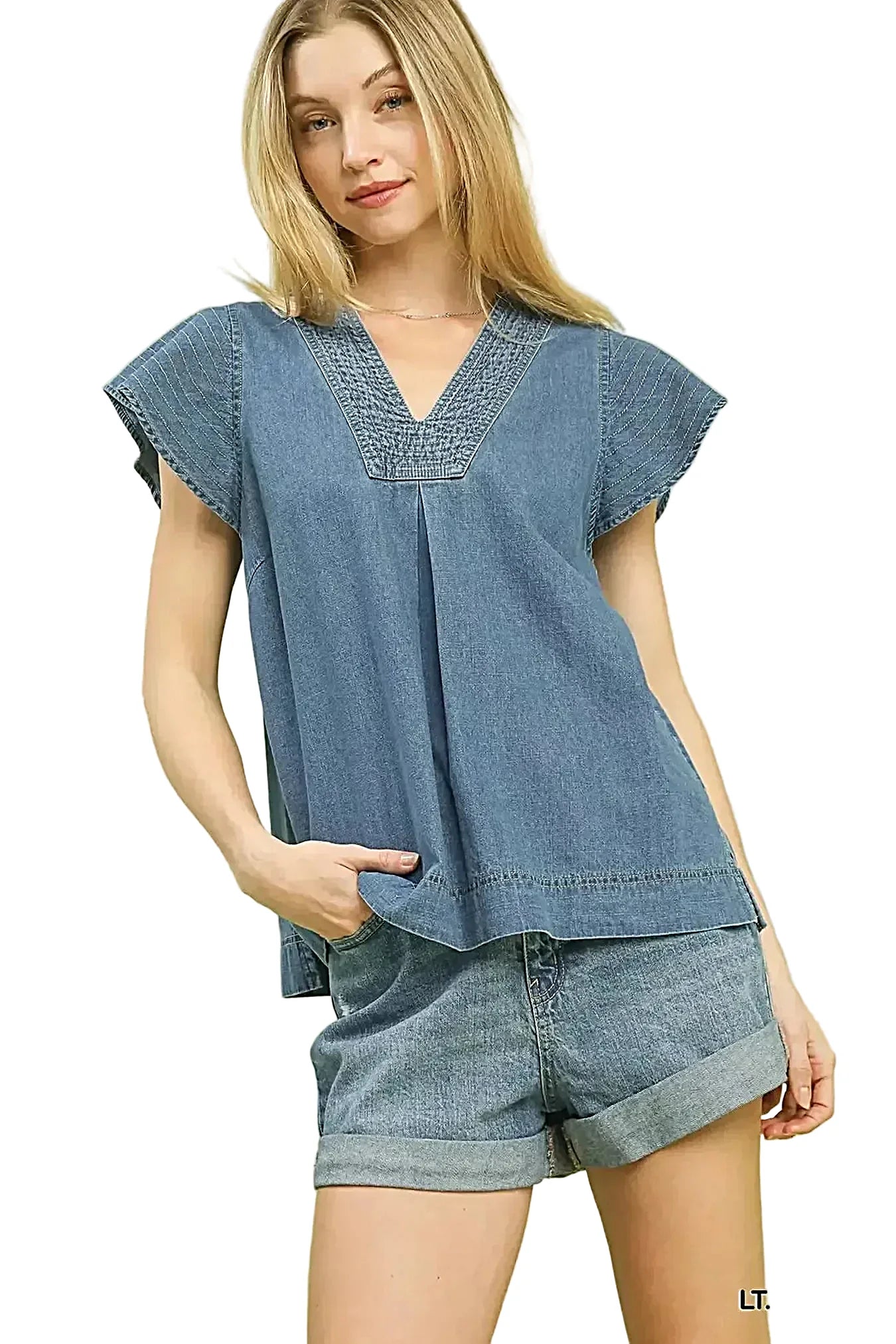 Umgee Cap Sleeve Denim Top -