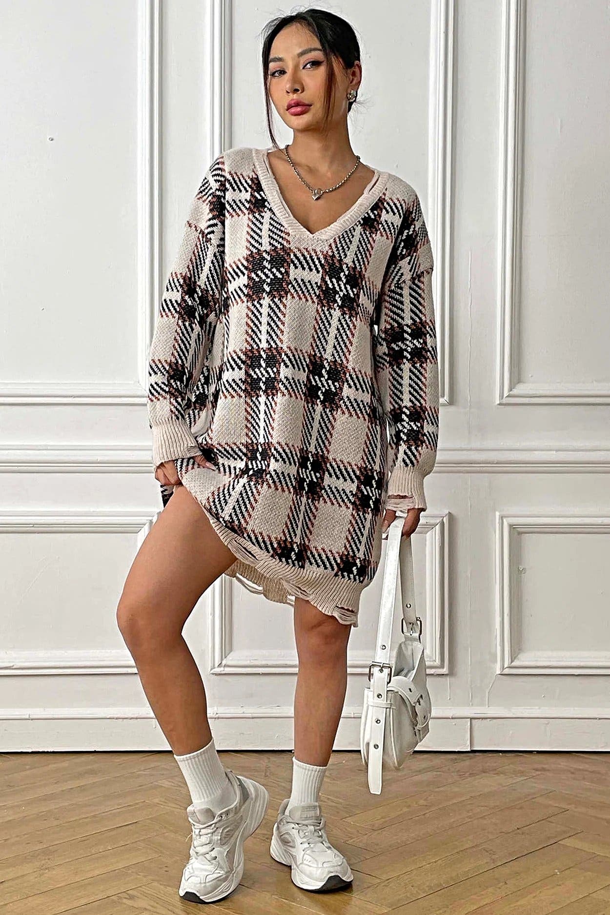 Plaid V-Neck Long Sleeve Sweater Dress -