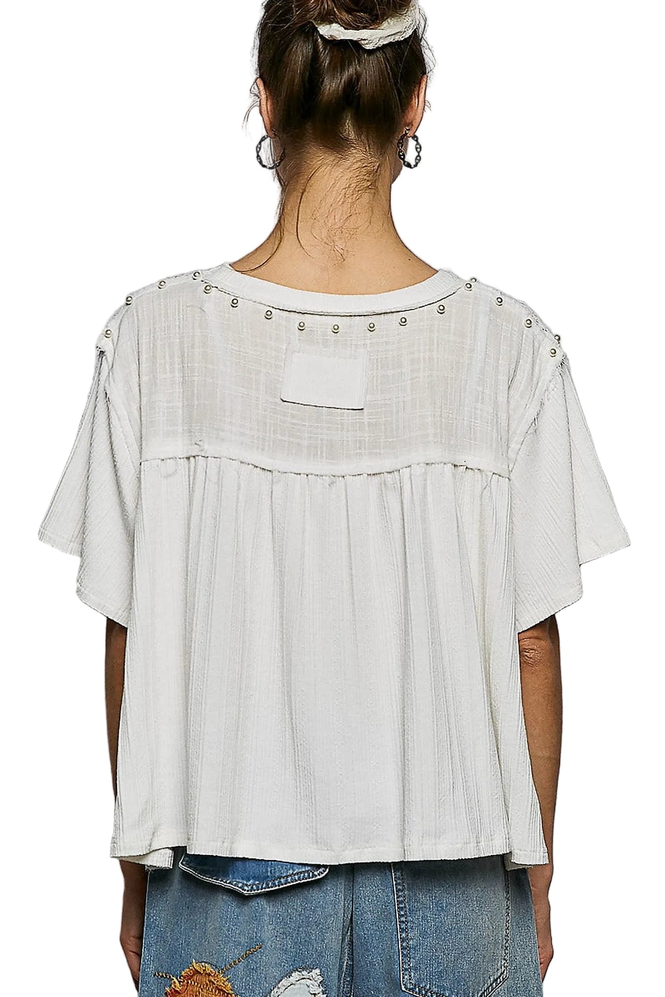 POL Lace Pearl Stud Round Neck Short Sleeve Shirt -