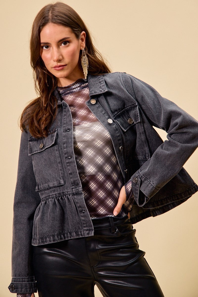SO ME Denim Peplum Hem Front Button Jacket With Pockets -