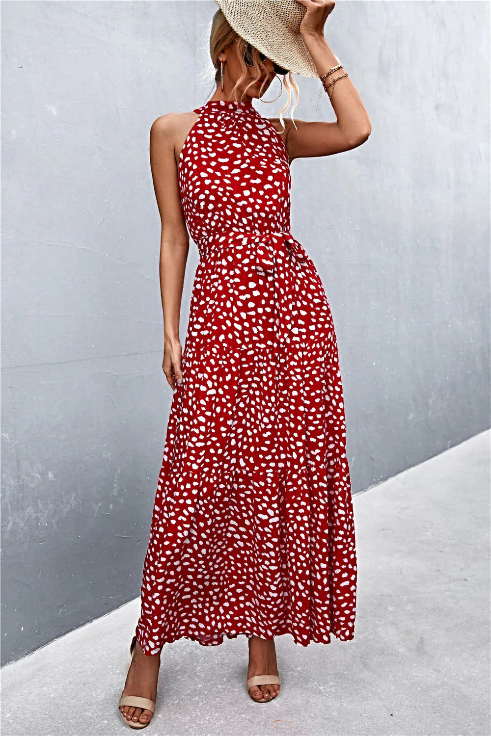 Grecian Printed Tie Waist Maxi Dress with Sleeveless Design and Polka Dot Floral Pattern Trendsi