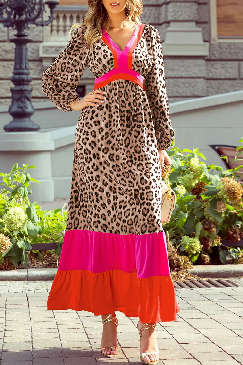Leopard V-Neck Long Sleeve Maxi Dress Trendsi