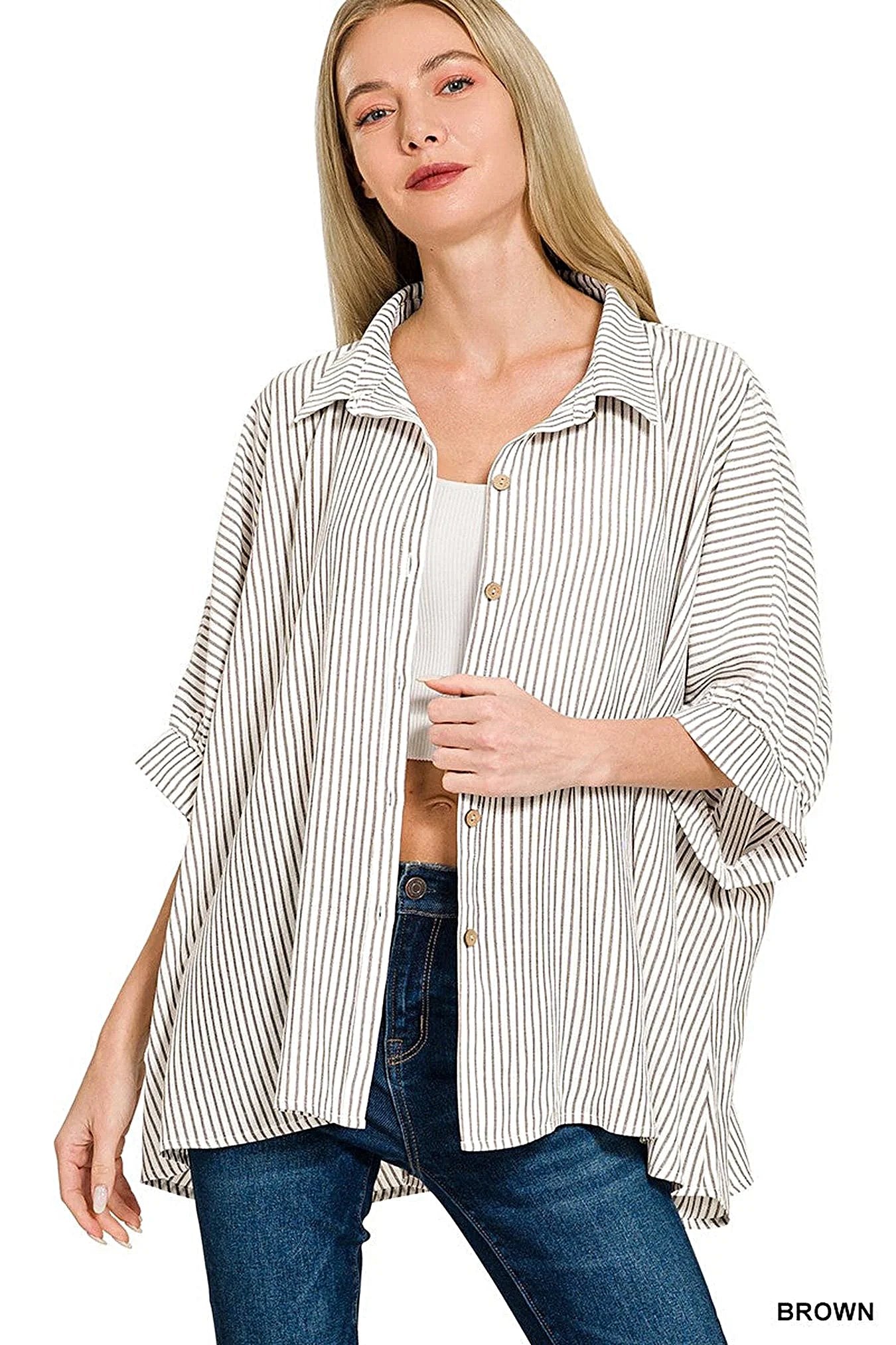 Zenana Woven Stripe Button Down Boxy Shirt -