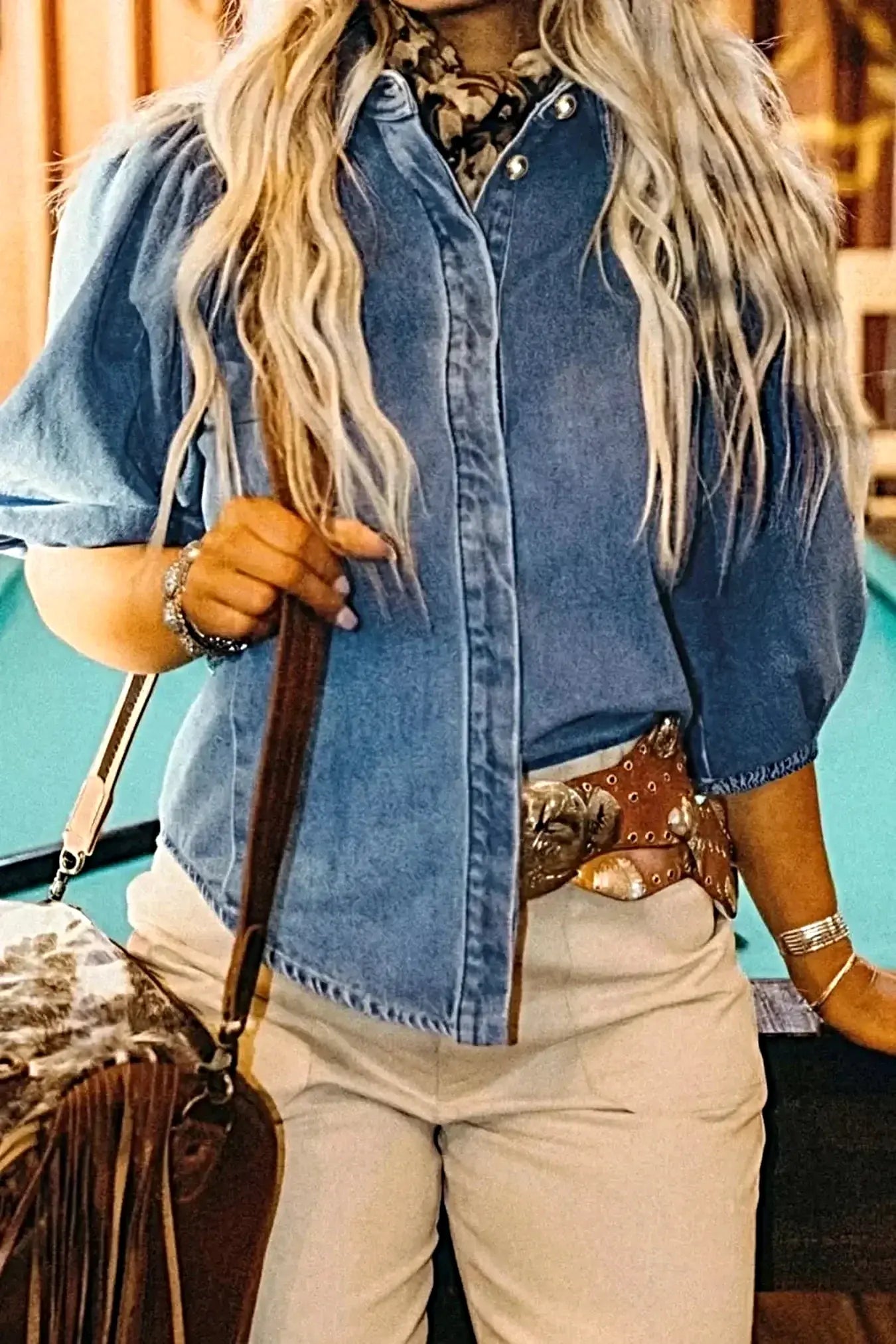 Puff Half Sleeve Collared Denim Shirt -