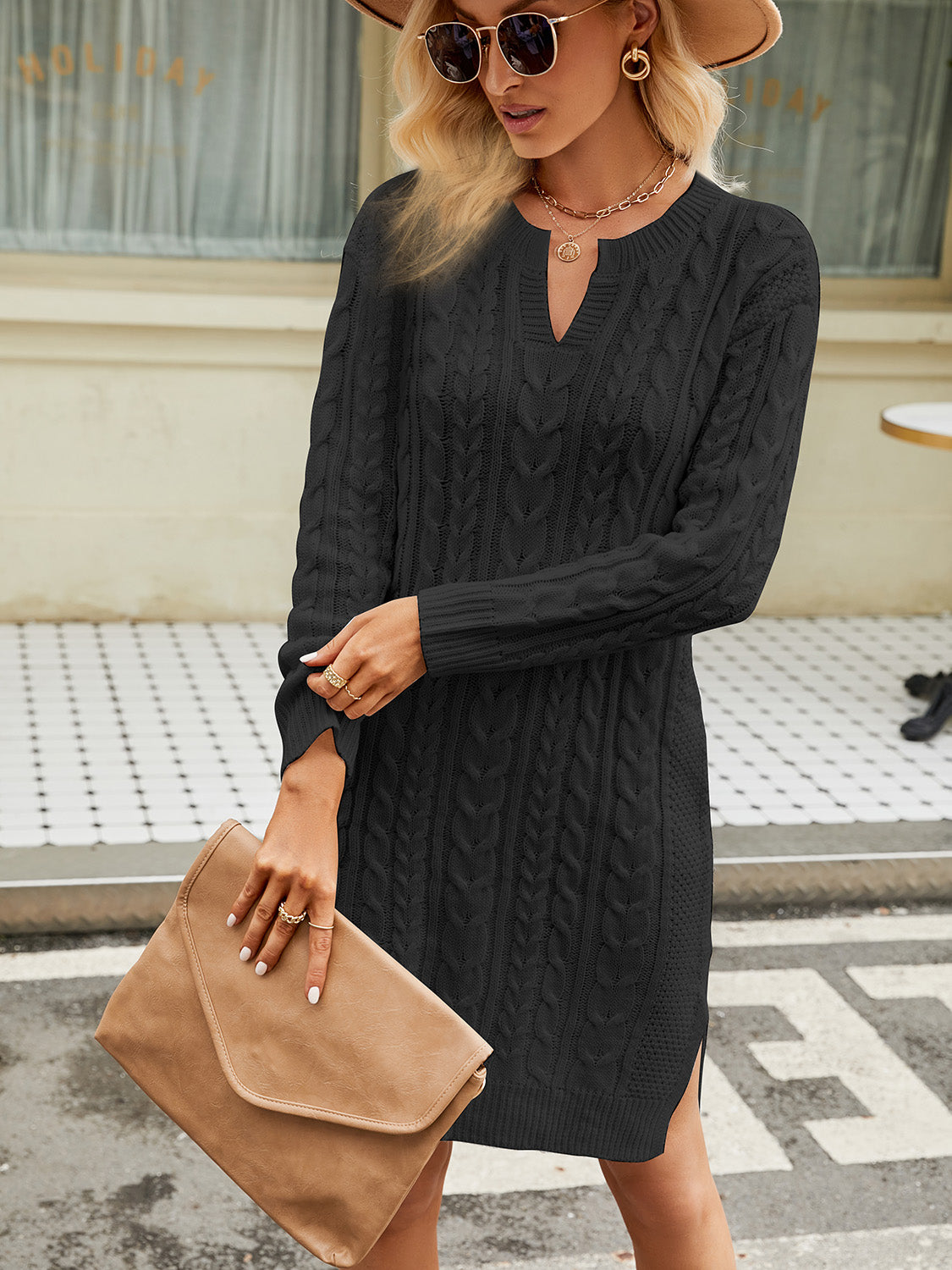 Notched Neck Cable-Knit Slit Sweater Dress -