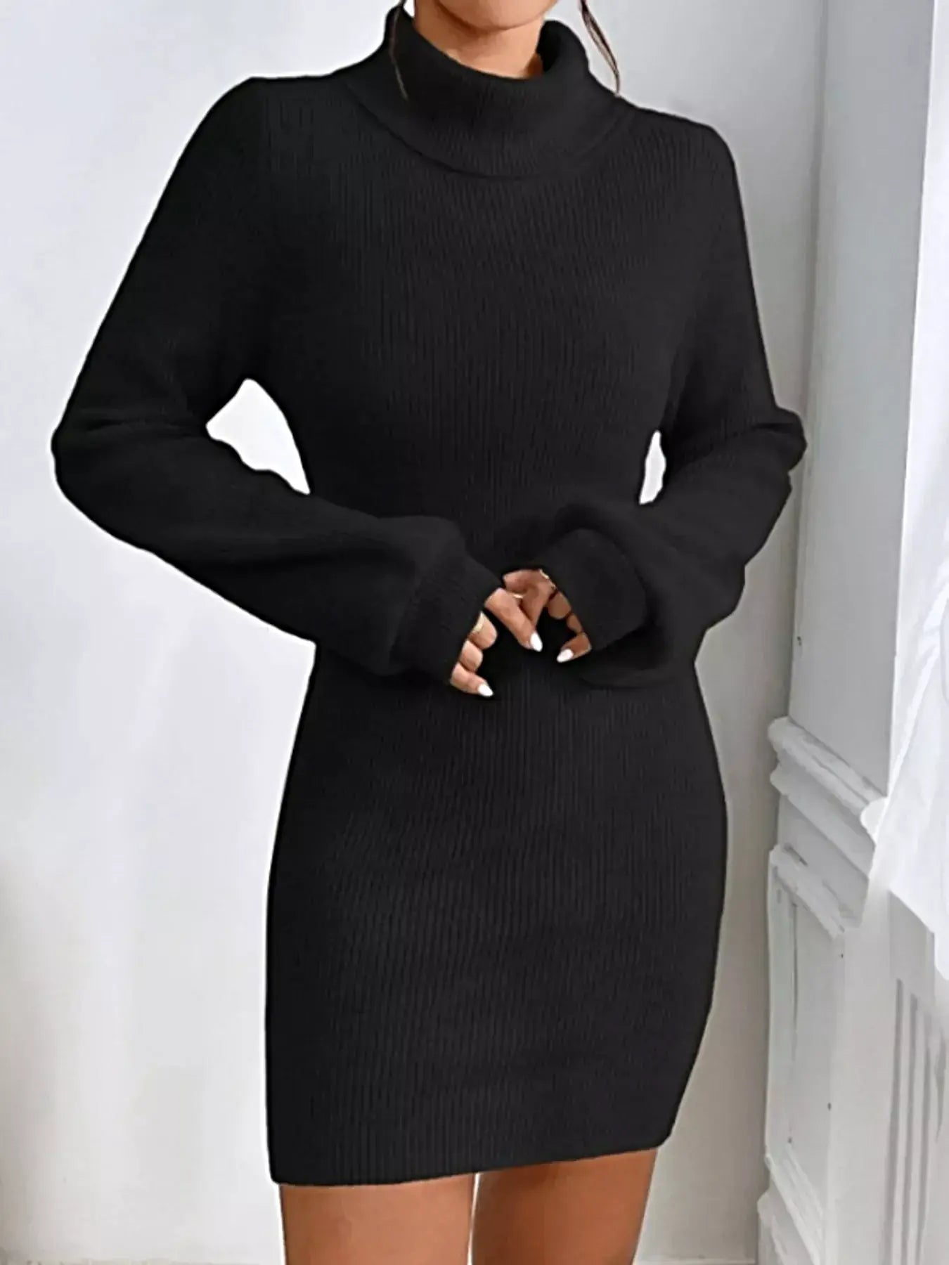 Women's Ribbed Turtleneck Sweater Dress - Stretch Knit For Elegant Cold-Weather Style -