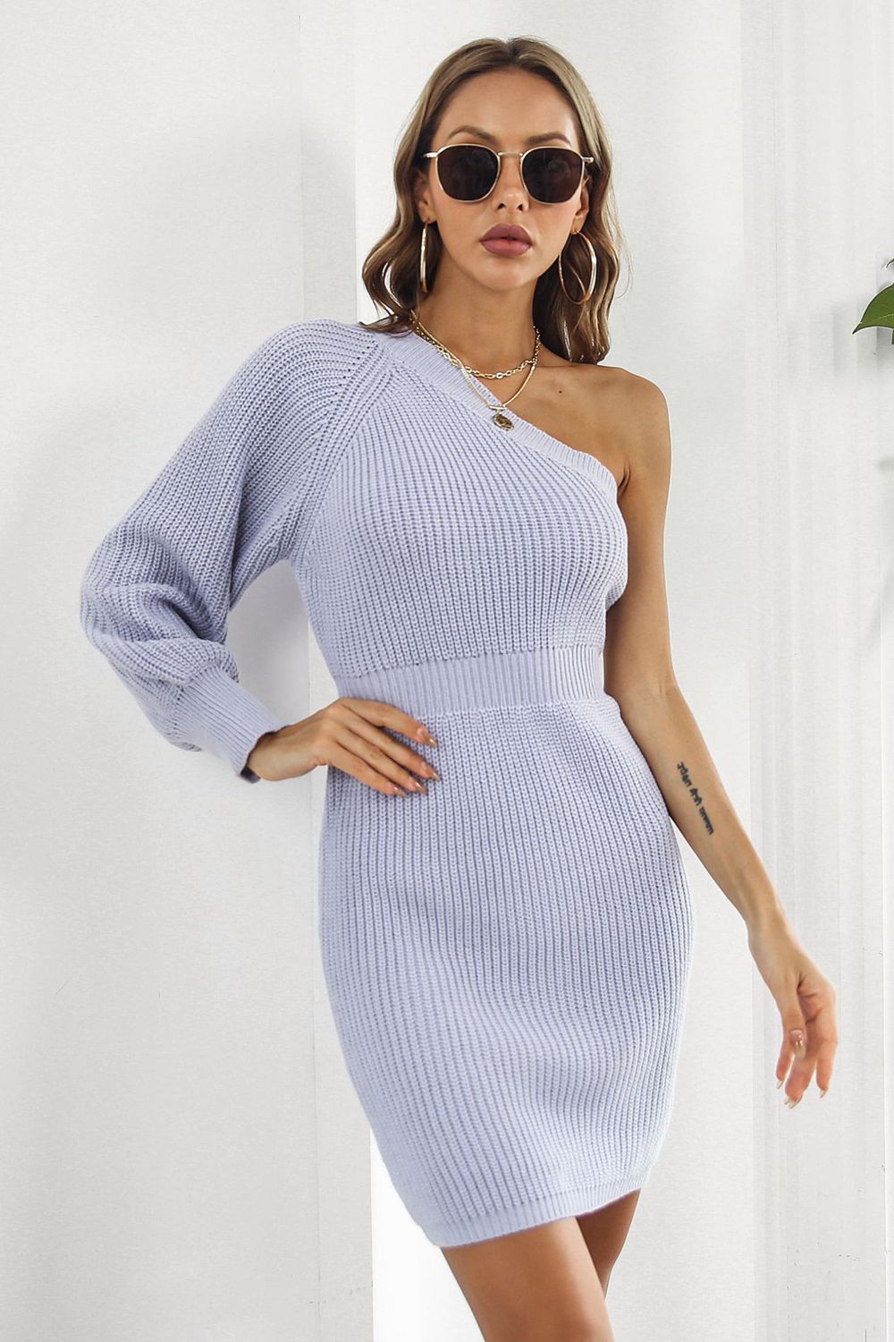 One Shoulder Raglan Sleeve Pencil Sweater Dress -