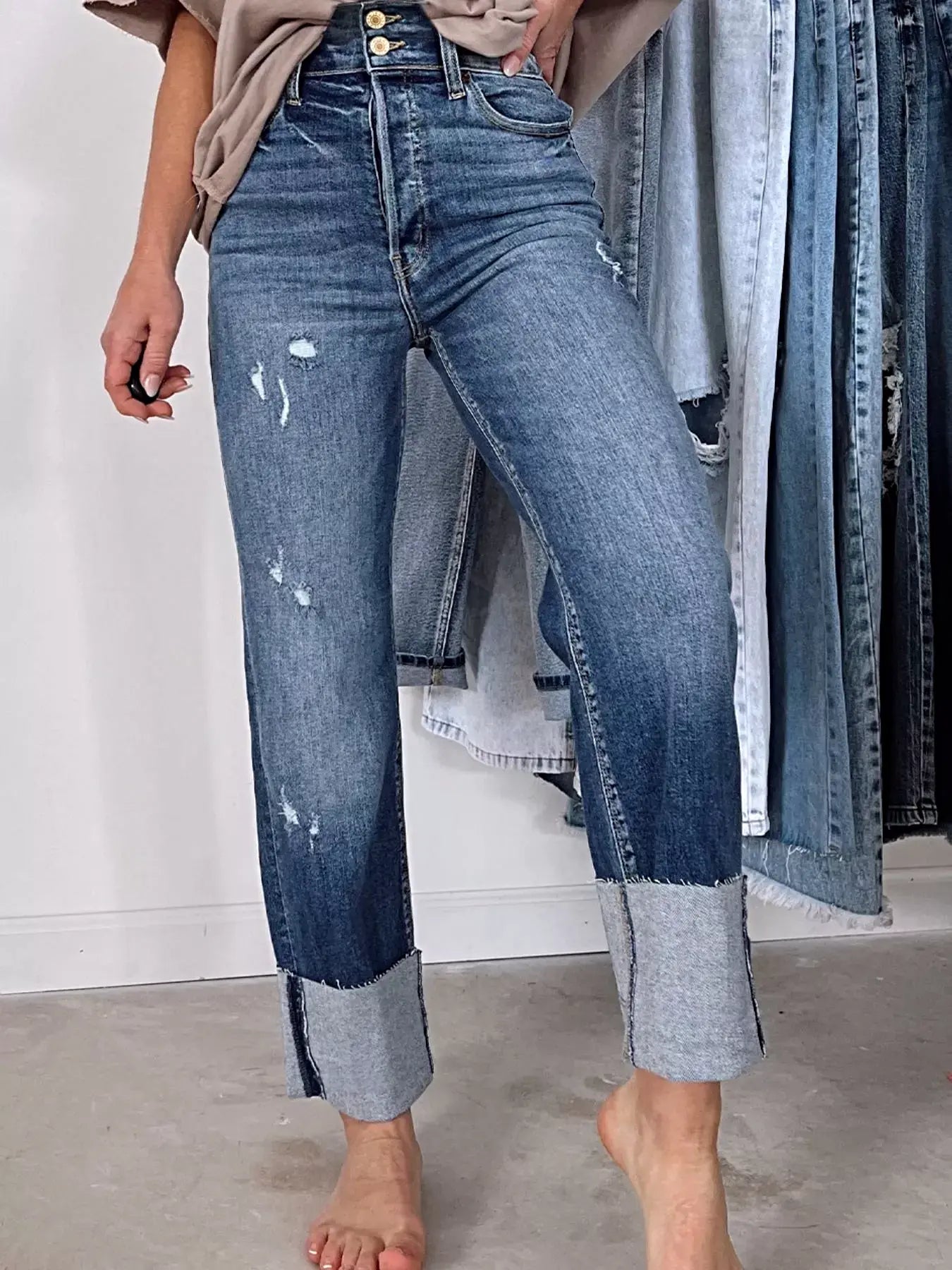High Waist Distressed Straight Leg Jeans -