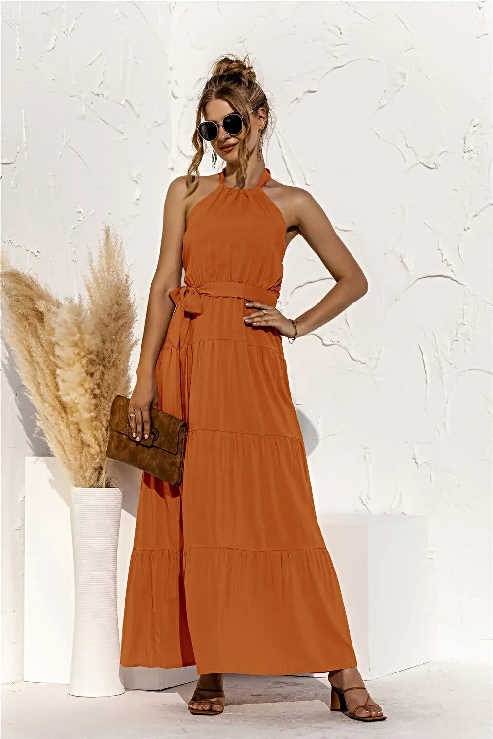 Halter Neck Tie Waist Tiered Maxi Dress -