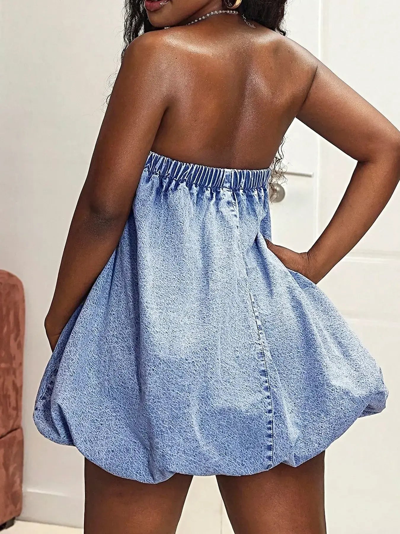 Tube Bubble Hem Denim Dress -
