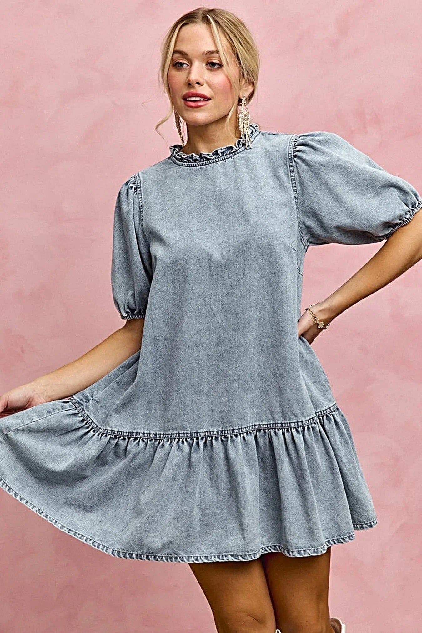 SO ME Denim Short Sleeves Mini Tiered Dress -