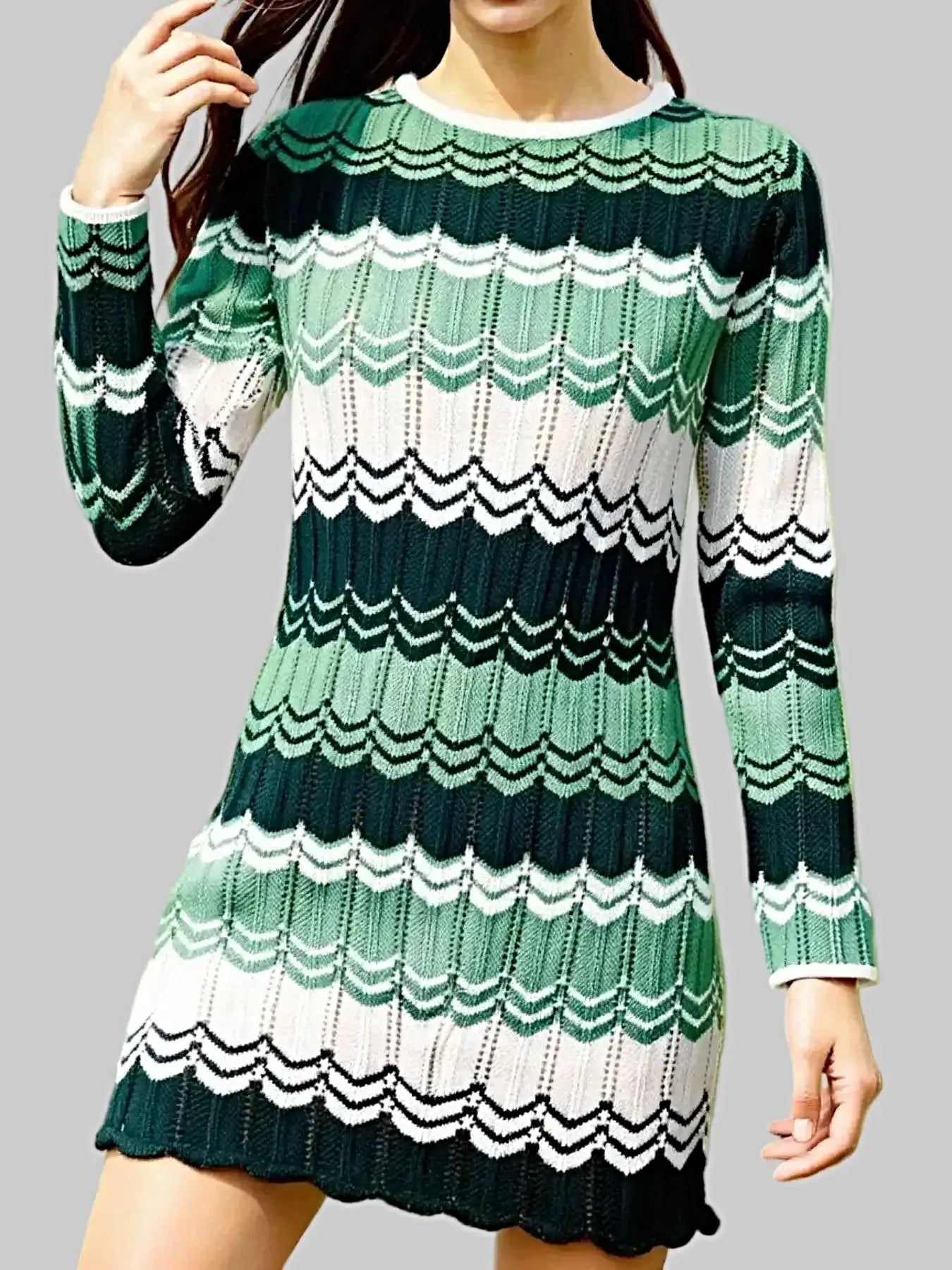 Openwork Wave Pattern Long Sleeve Sweater Dress -