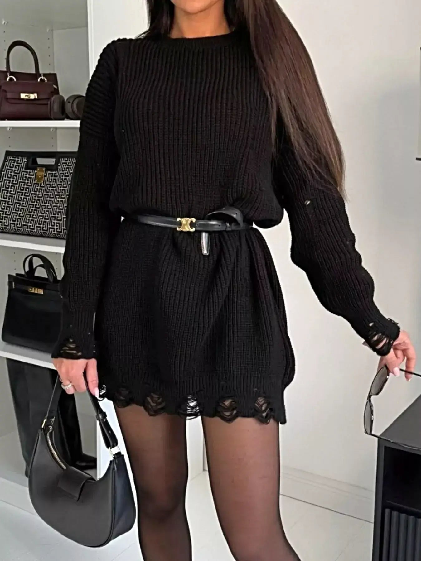 Distressed Round Neck Drop Shoulder Sweater Dress -