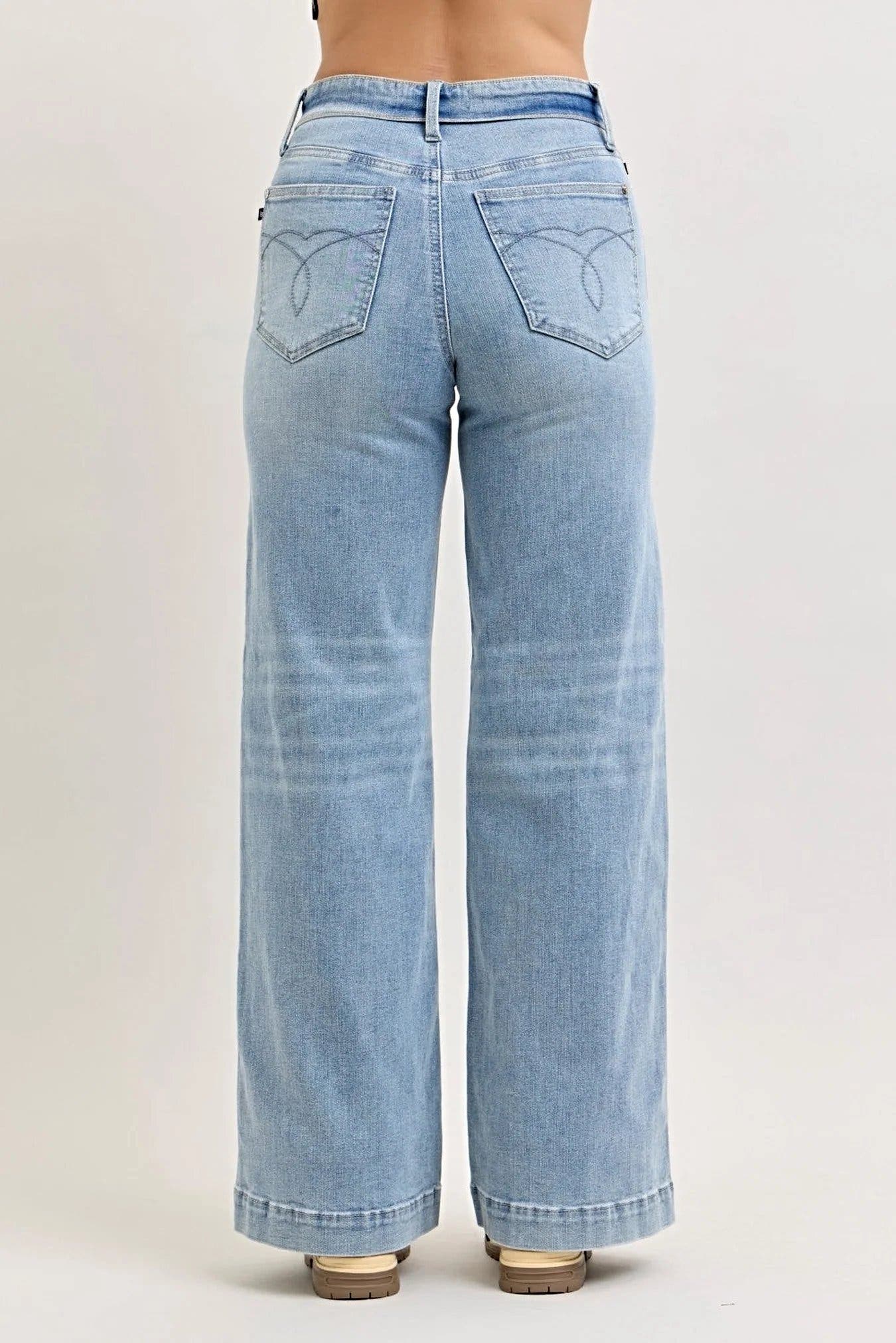 Judy Blue Mid Rise Retro Wide Leg Jeans with Fold-over Waistband -