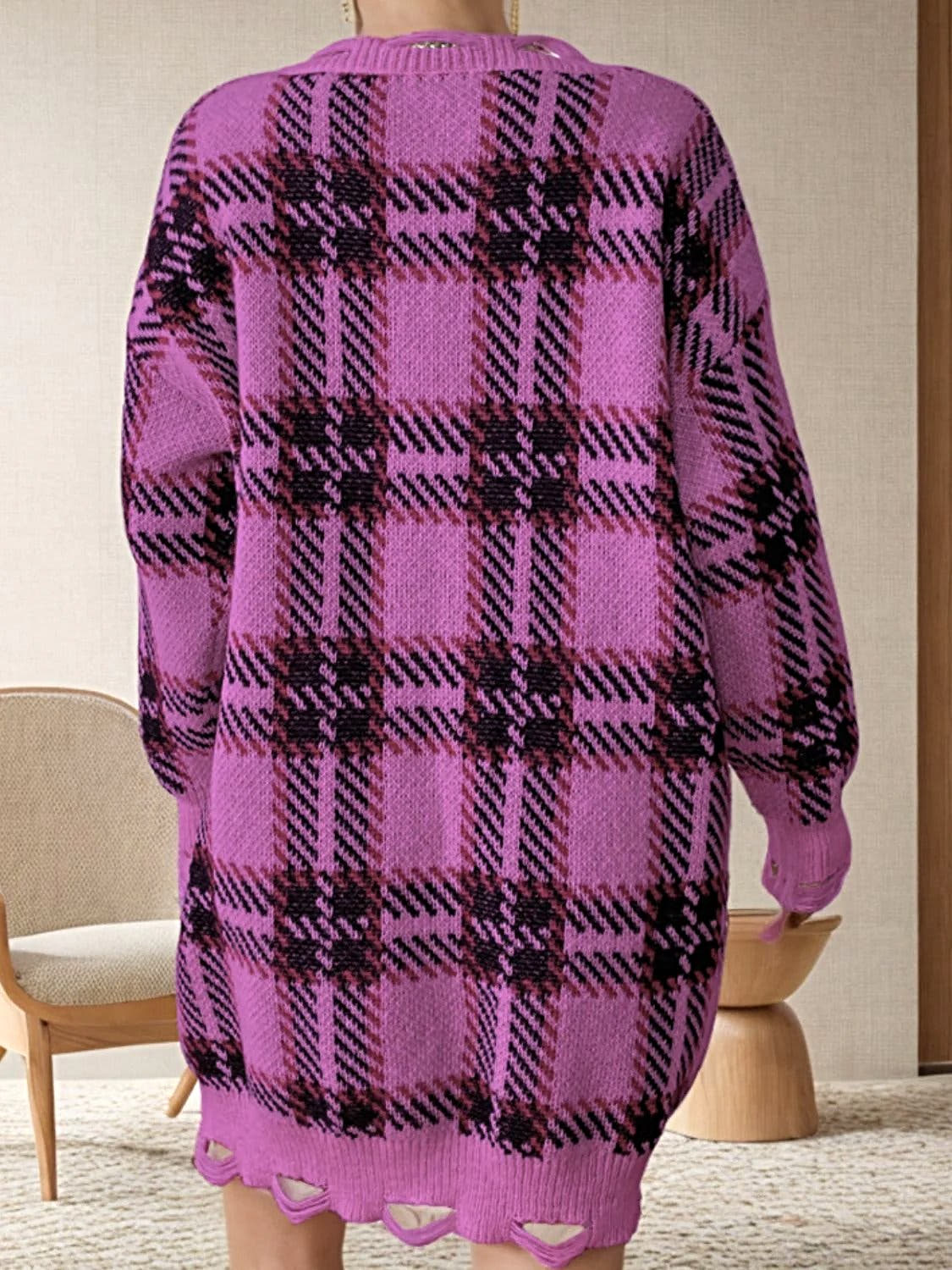 Distressed Plaid Sweater Dress with V-Neck and Long Sleeves - Trendy Comfort in One Size Trendsi