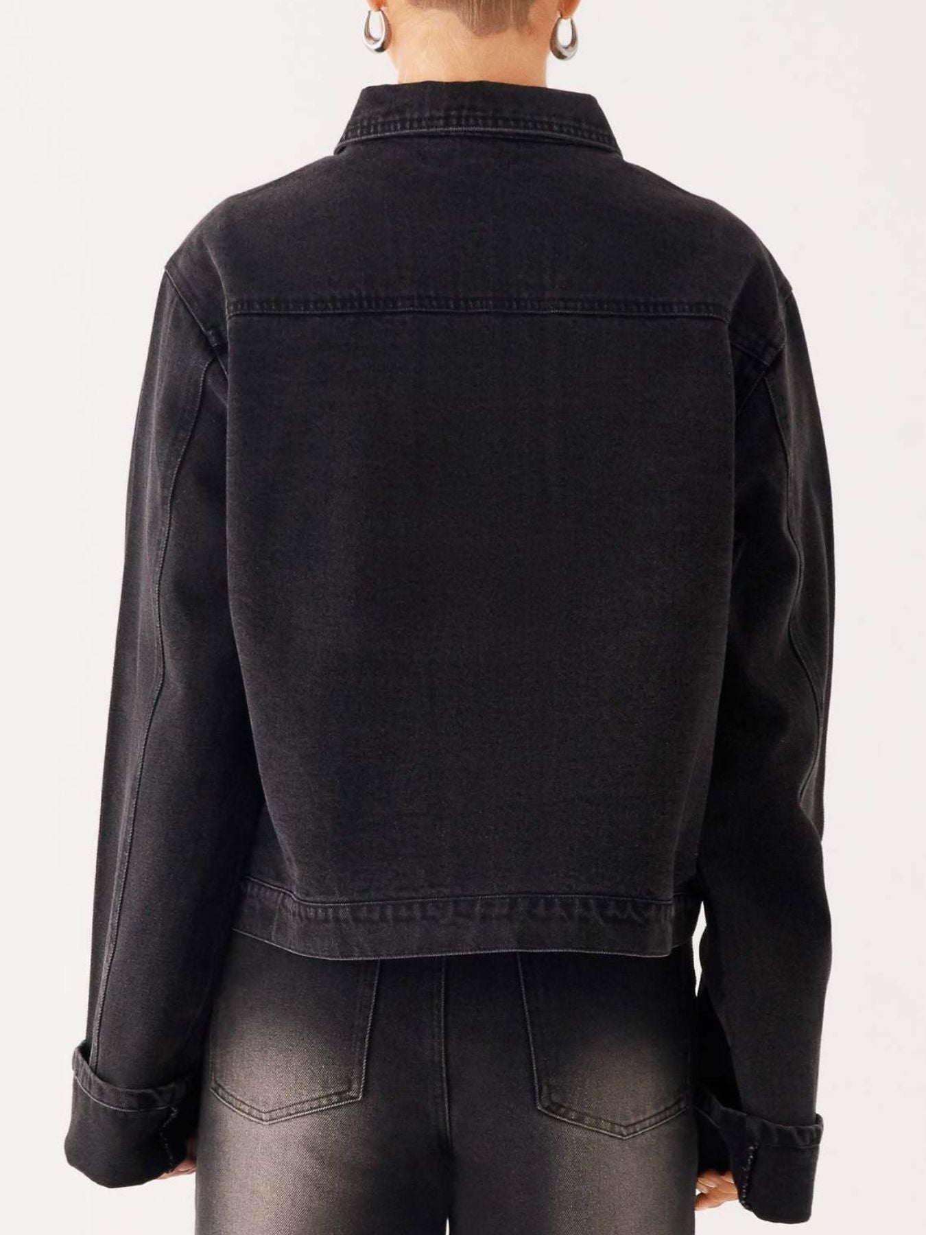Button Down Cropped Oversized Denim Jacket -