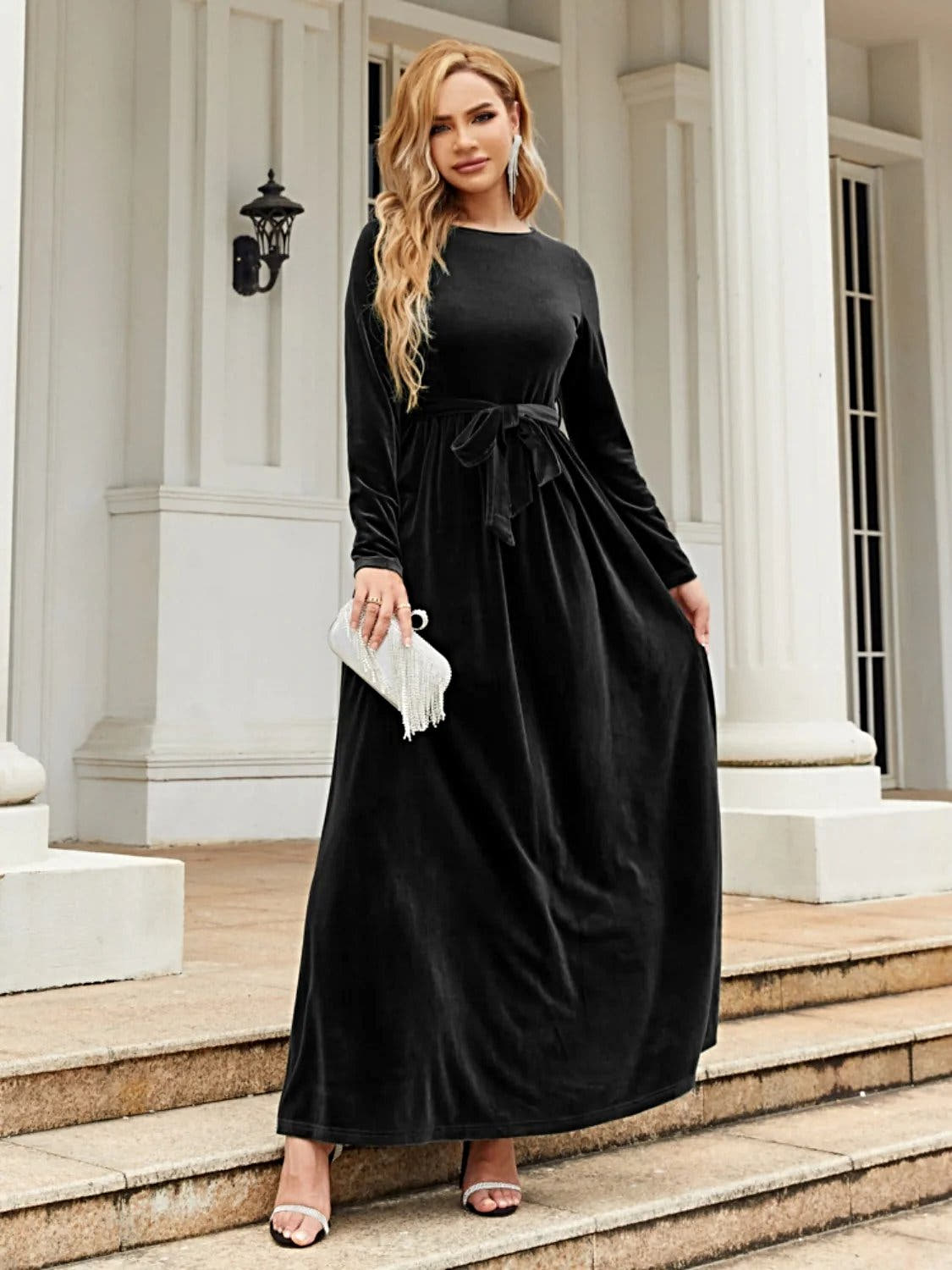 Elegant Tie Front Long Sleeve Maxi Dress in Opaque Polyester – Comfortable and Stylish Trendsi