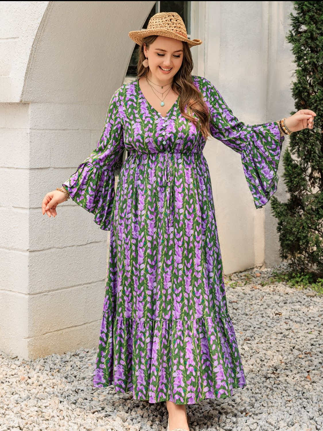 Plus Size Printed V-Neck Long Sleeve Maxi Dress Trendsi