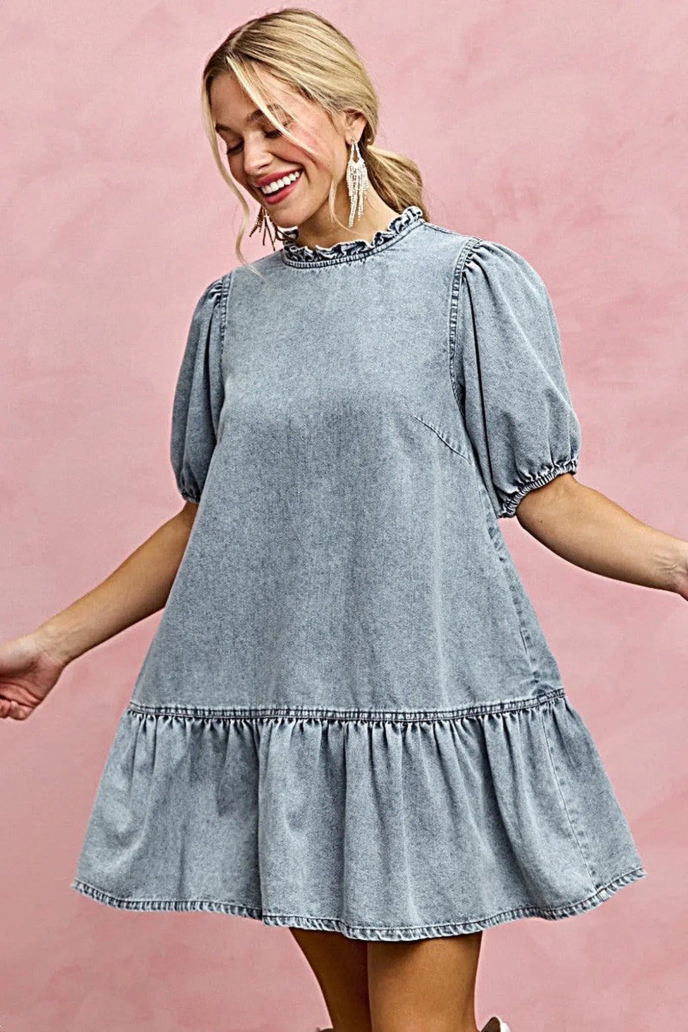 SO ME Denim Short Sleeves Mini Tiered Dress -