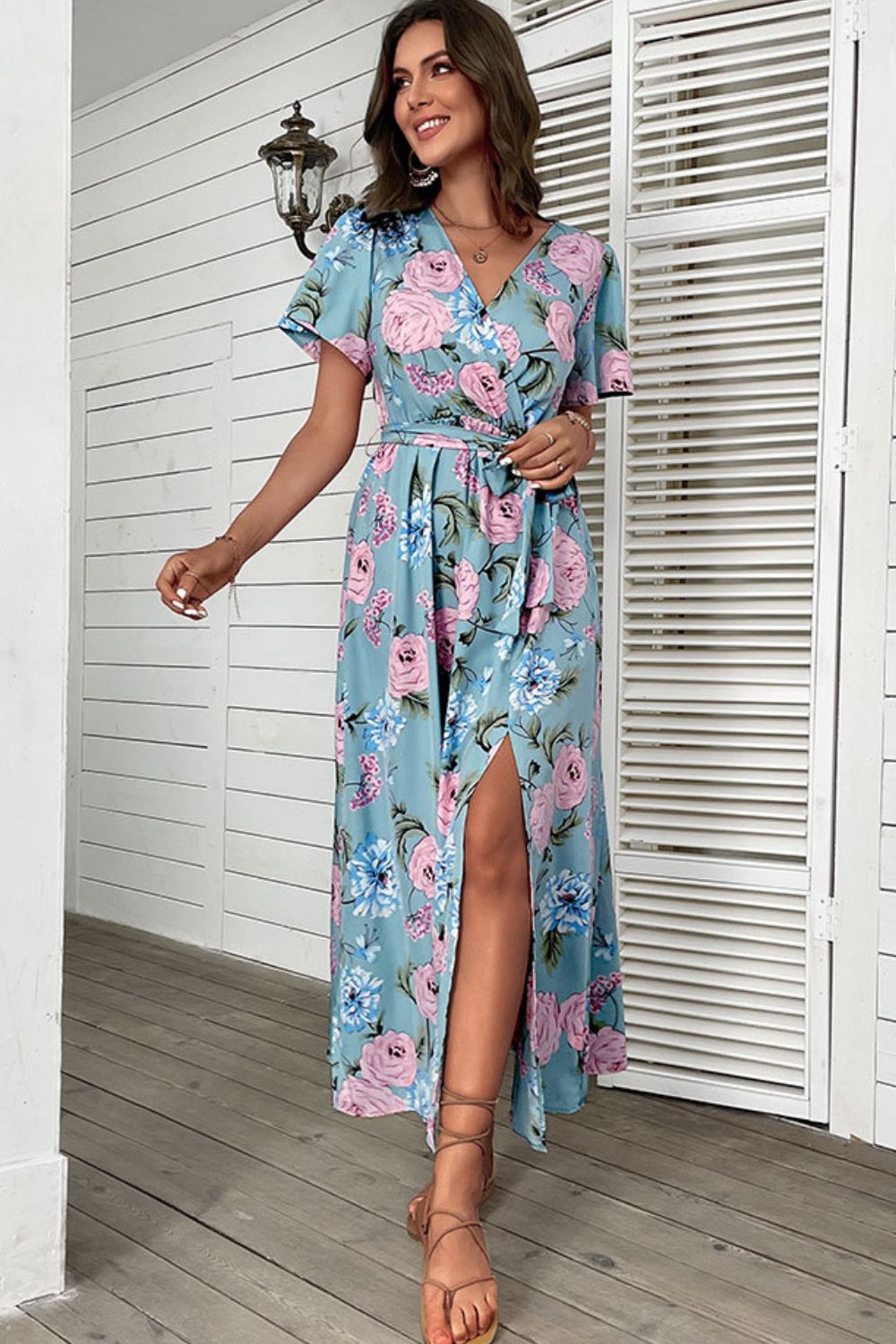 Perfee Floral Tie-Waist Slit Surplice Maxi Dress Trendsi
