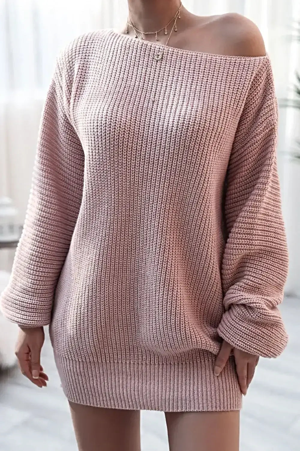 Boat Neck Long Sleeve Mini Sweater Dress -