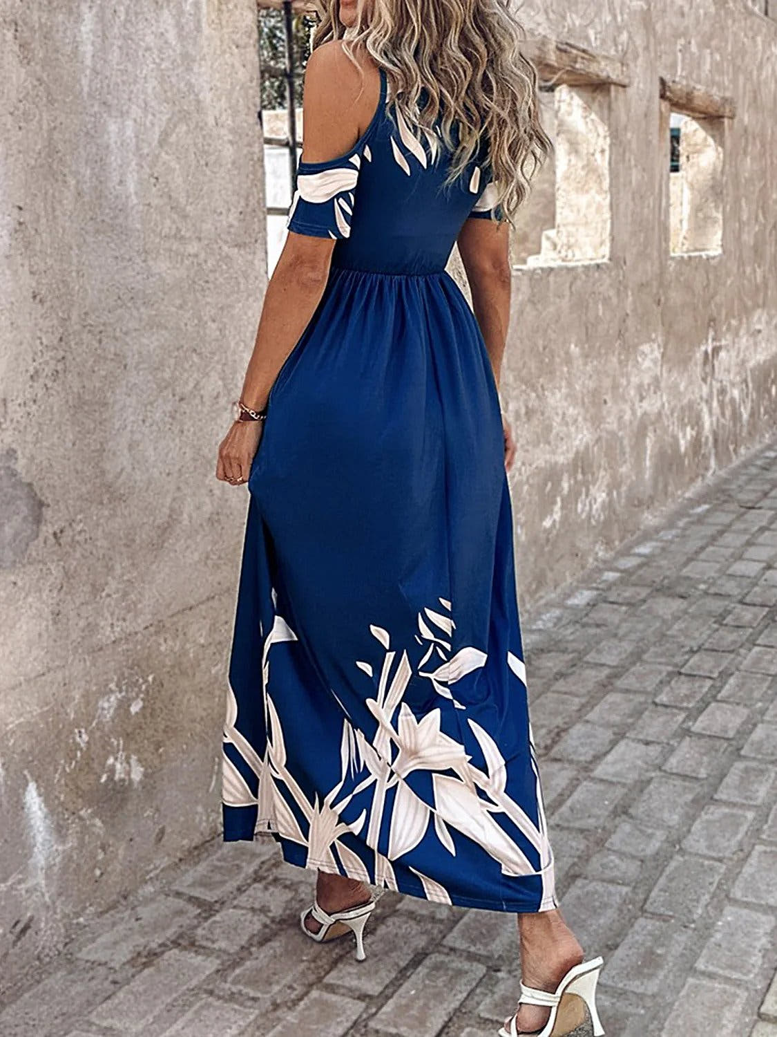 Elegant Summer Printed Maxi Dress with Cold Shoulders and Pockets – Opaque and Slightly Stretchy Trendsi