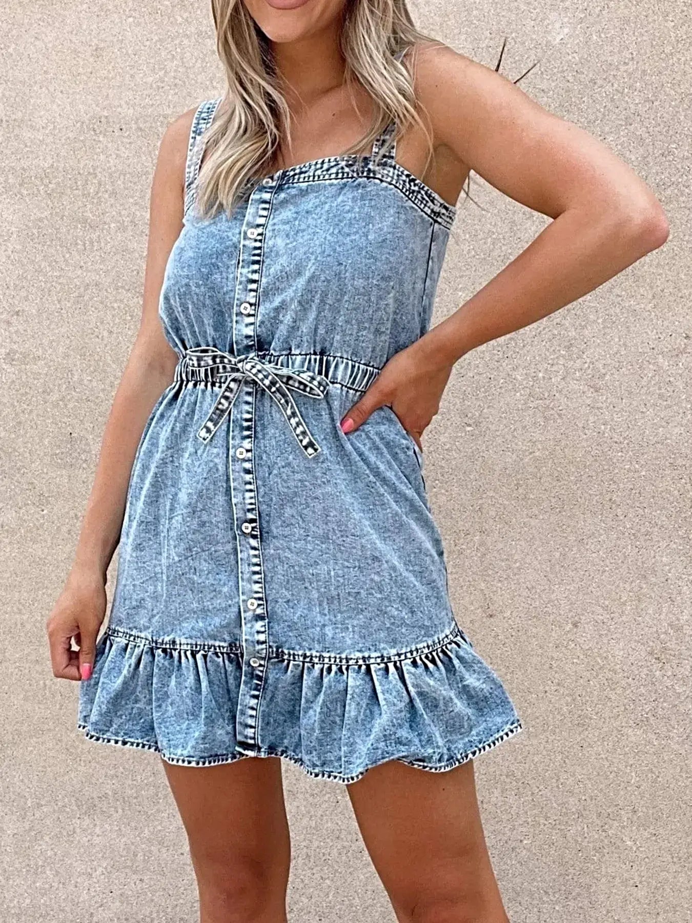 Casual Ruffled Hem Denim Mini Dress with Tie Waist -