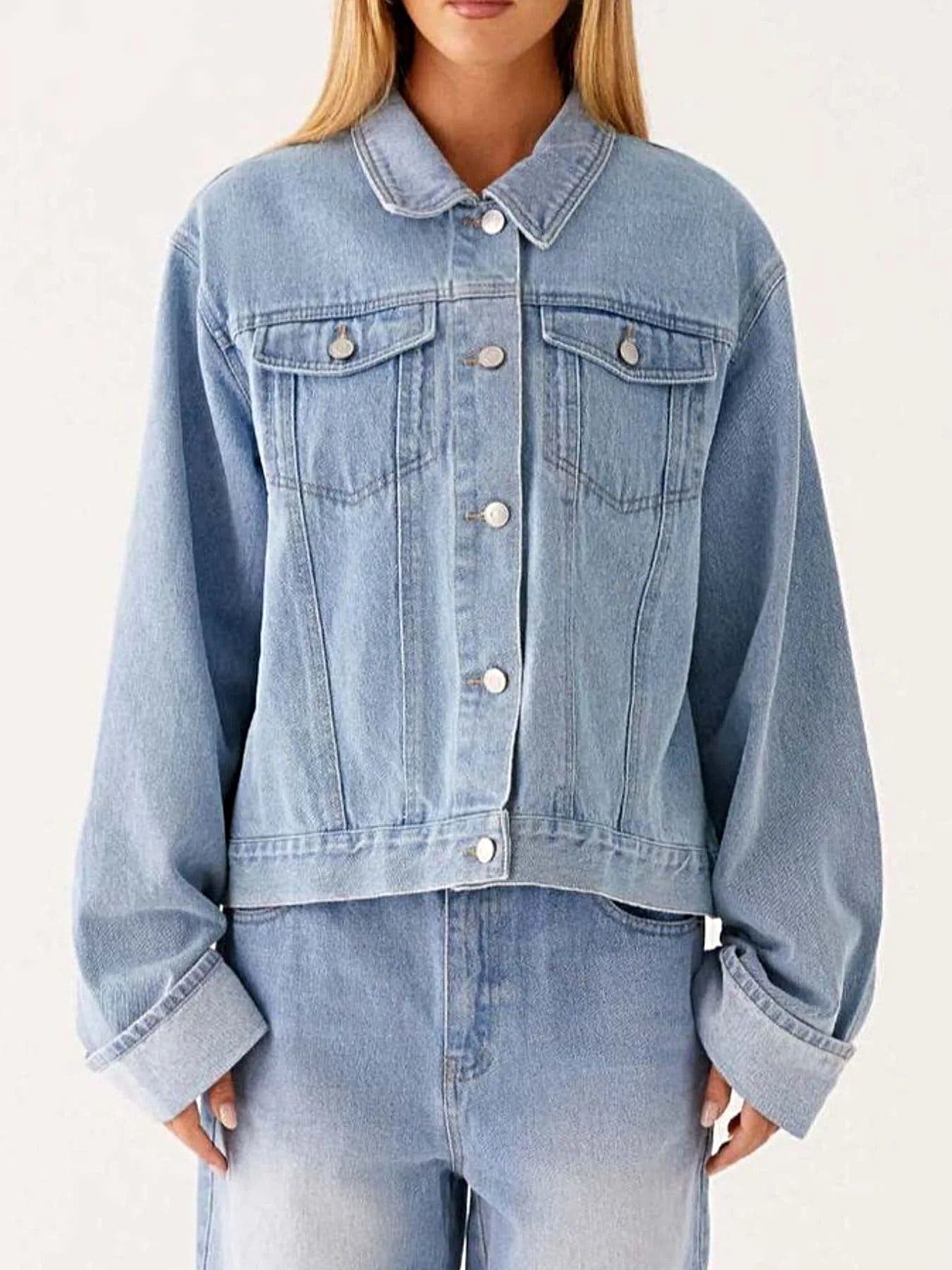 Button Down Cropped Oversized Denim Jacket -
