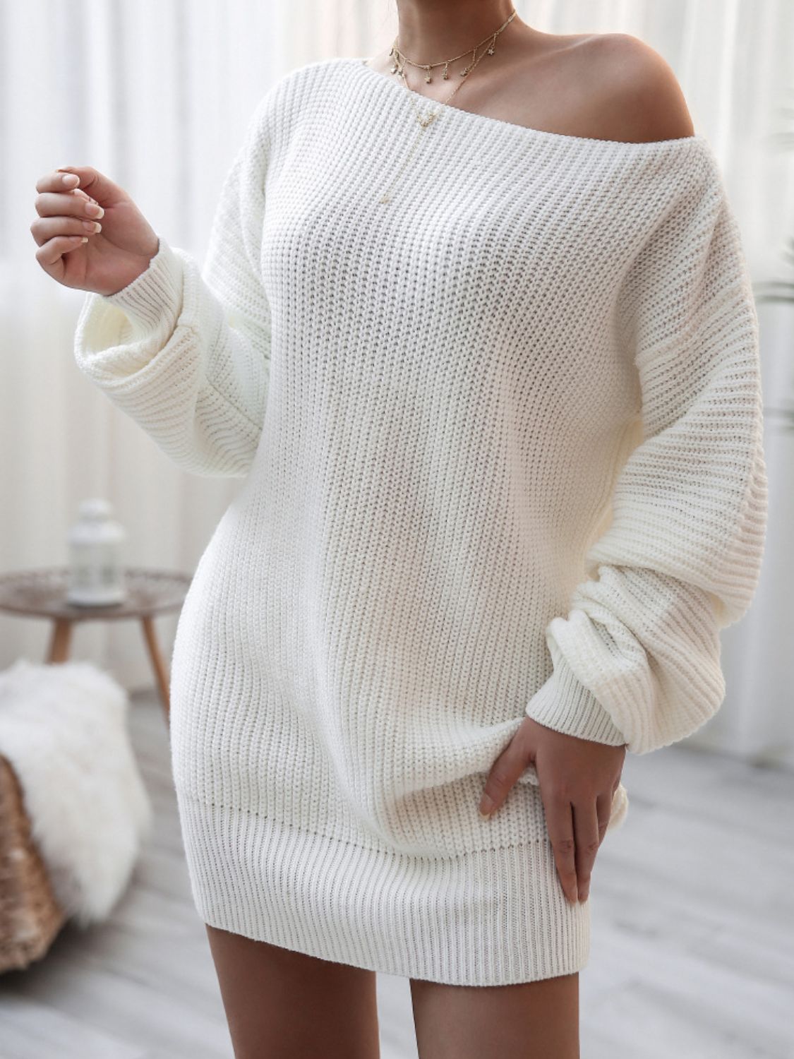 Balloon Sleeve Boat Neck Sweater Mini Dress Trendsi