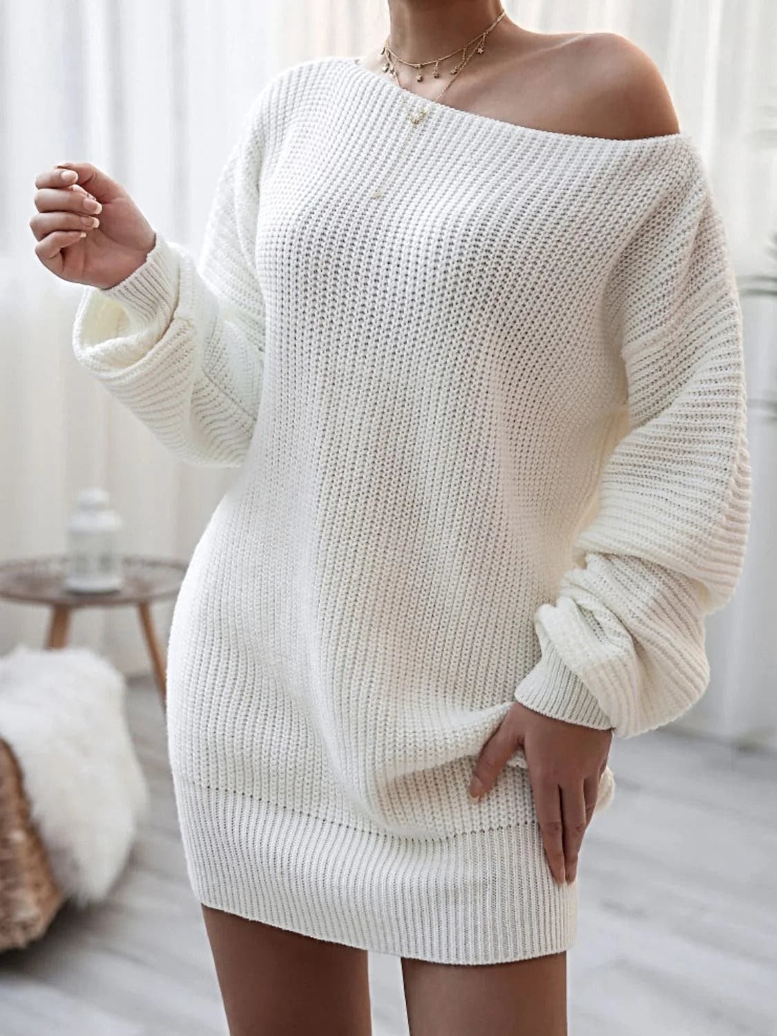 Balloon Sleeve Boat Neck Sweater Mini Dress -