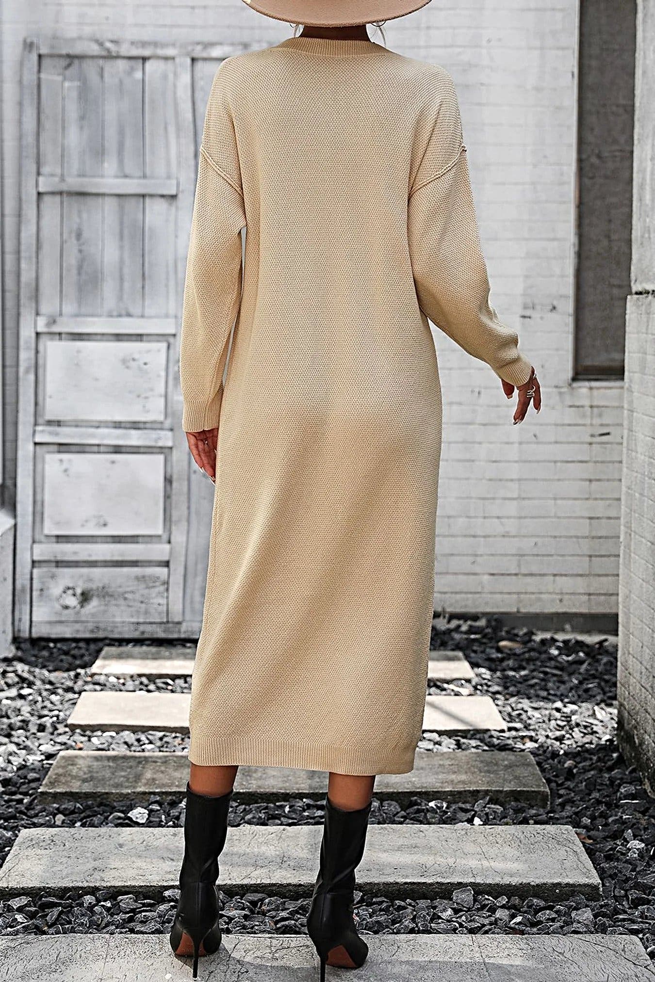 Notched Neck Dropped Shoulder Button-Down Midi Dress -