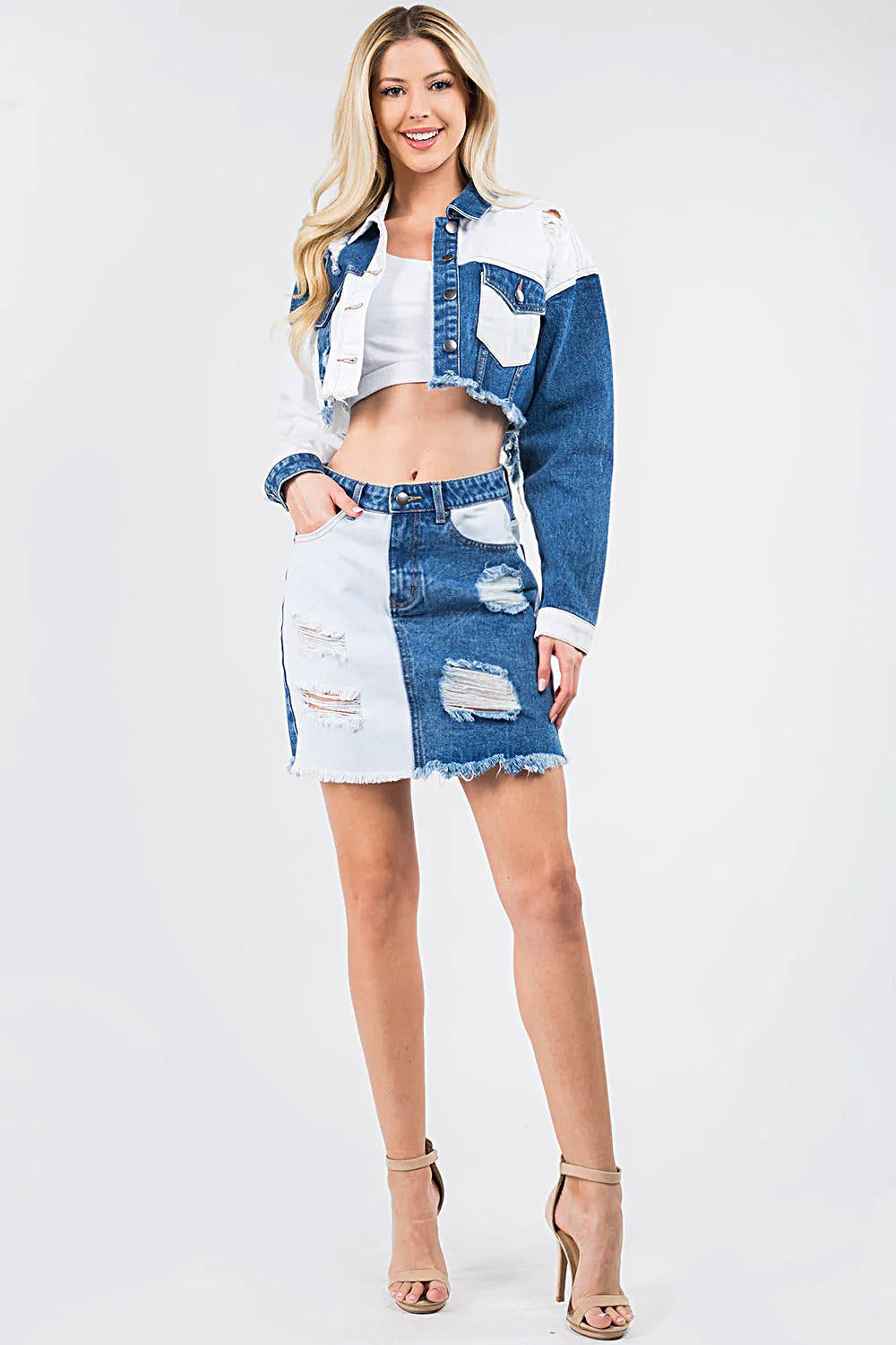 Trendy Distressed Denim Skirt with Contrast Patches and Frayed Hem for Edgy Style Trendsi