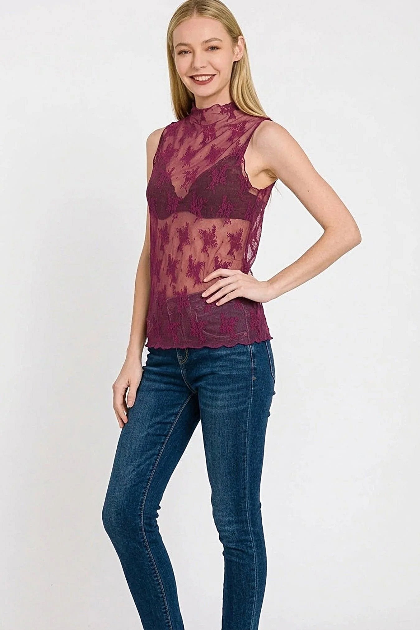Zenana Lace See-through Layering Sleeveless Top -