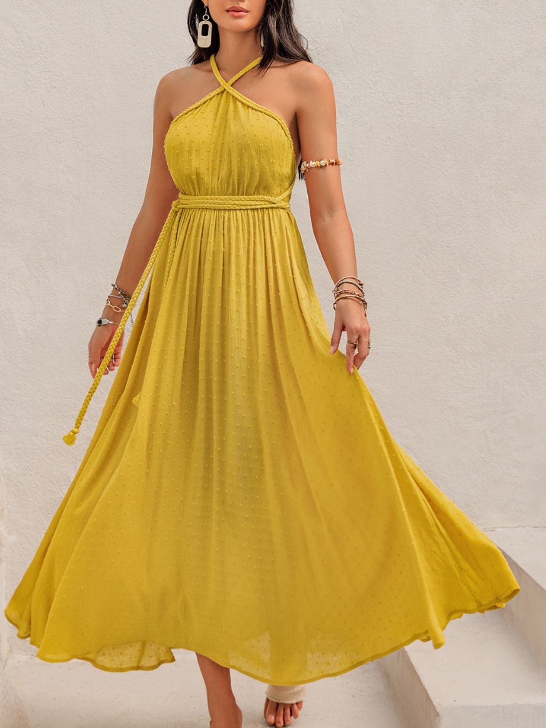 Swiss Dot Backless Sleeveless Maxi Dress Trendsi