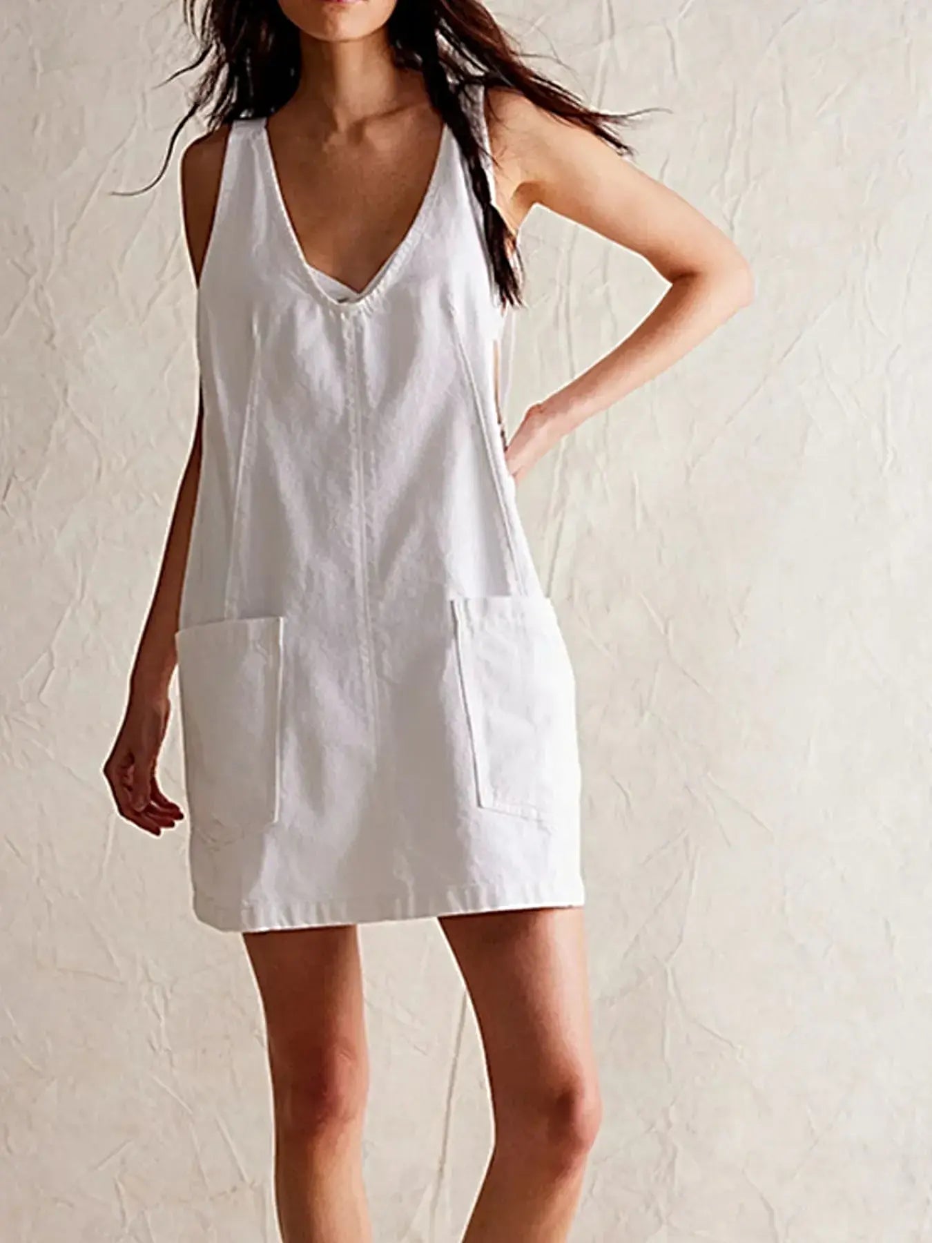 Oversized V-Neck Denim Tank Dress with Front Pockets -