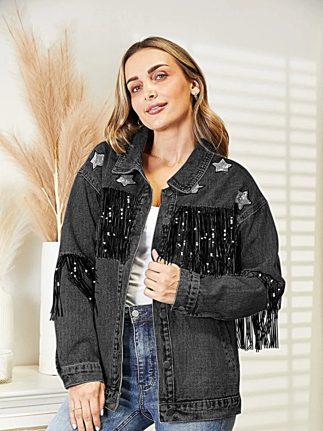 Fringe Detail Long Sleeve Denim Jacket -
