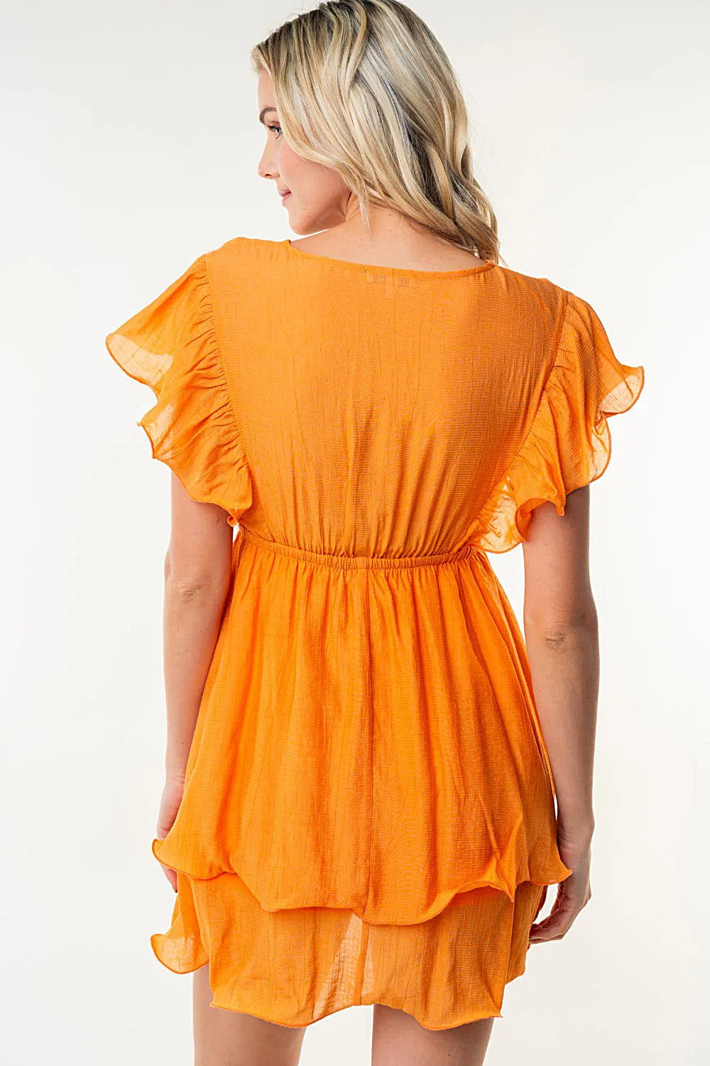 Elegant White Birch Layered Short Sleeve Dress with Surpliced Front and Flattering Elastic Waist Trendsi