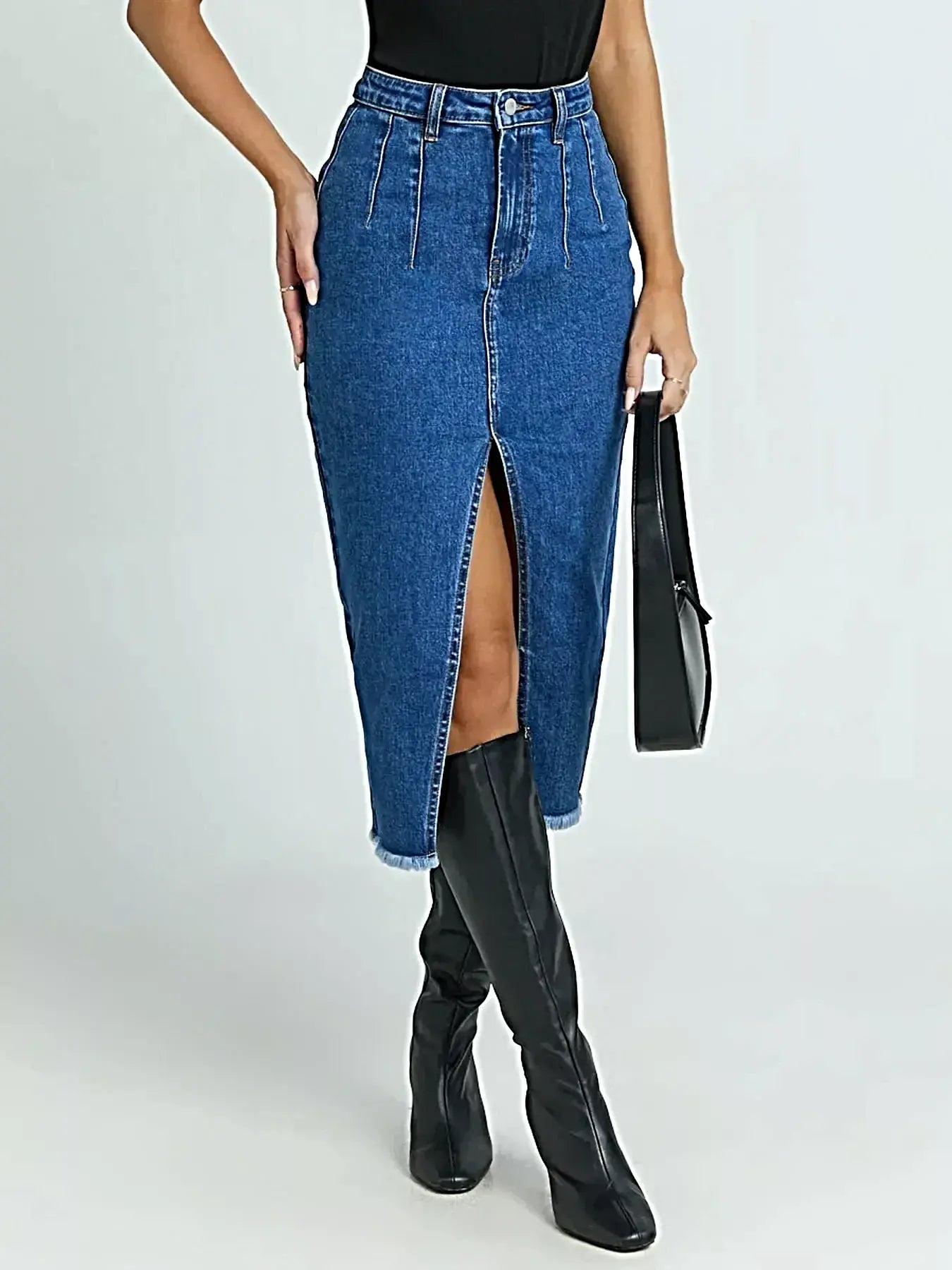 High-Waisted Slit Denim Skirt -