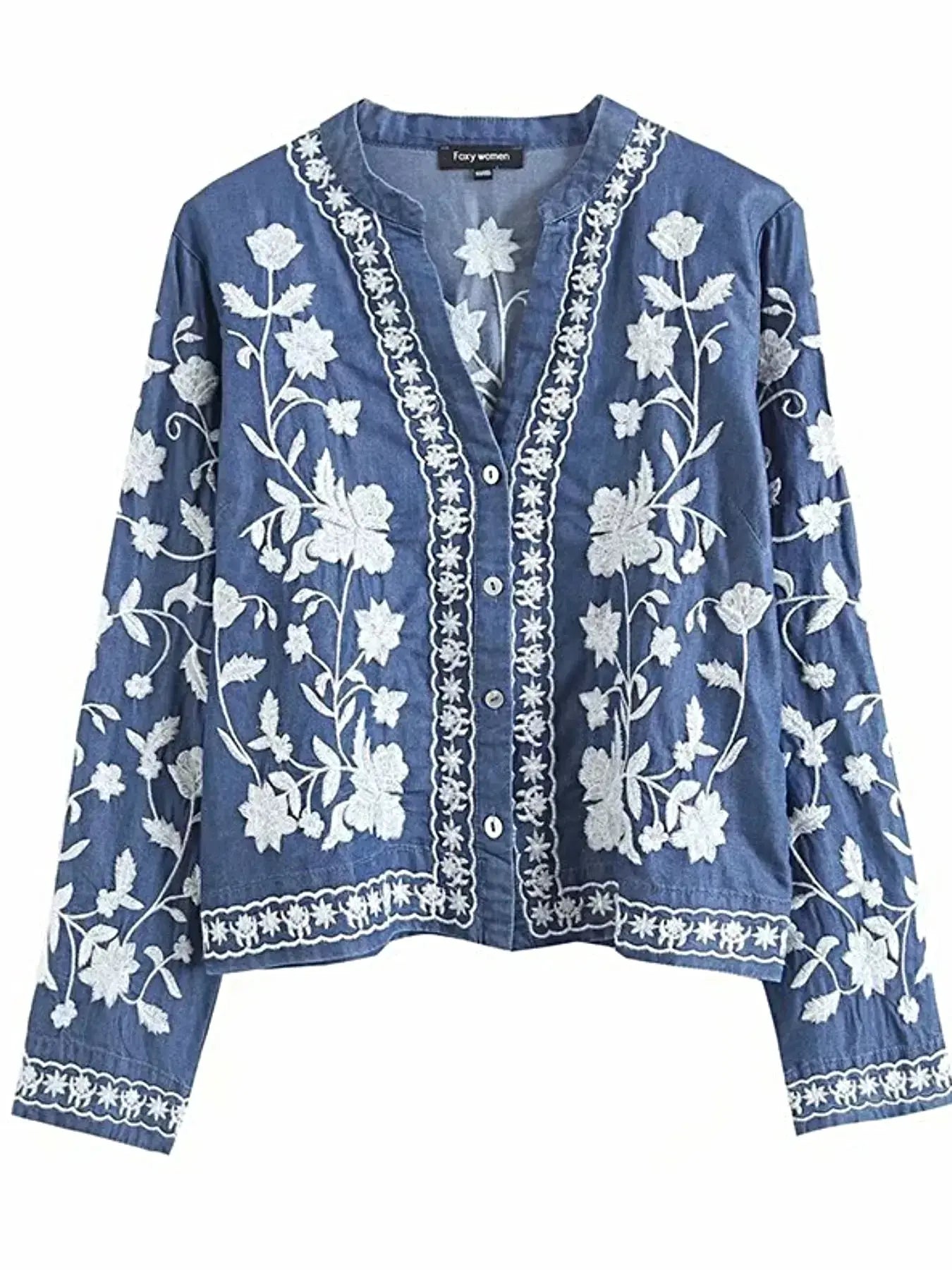 Floral Embroidered Button Up Denim Shirt