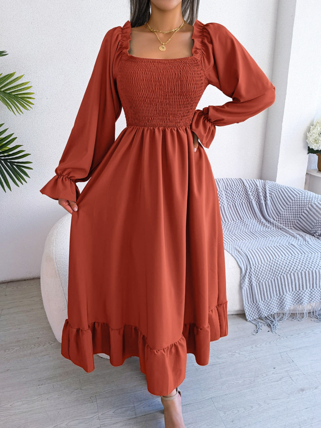 Smocked Square Neck Flounce Sleeve Dress -