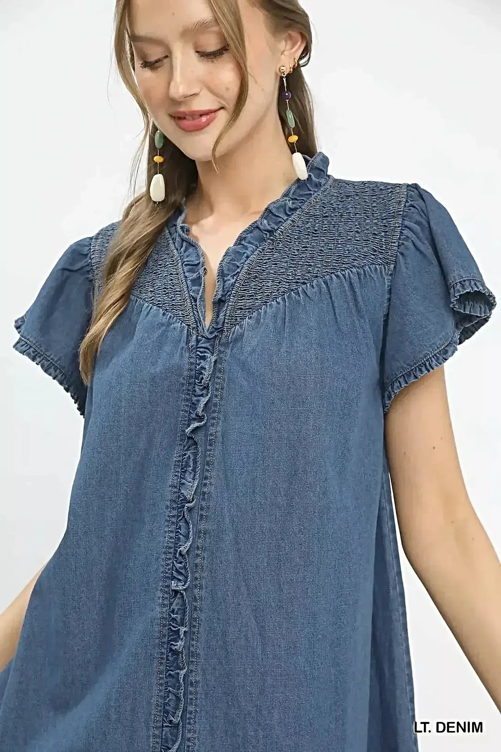 Umgee Ruffled Washed Denim Dress -