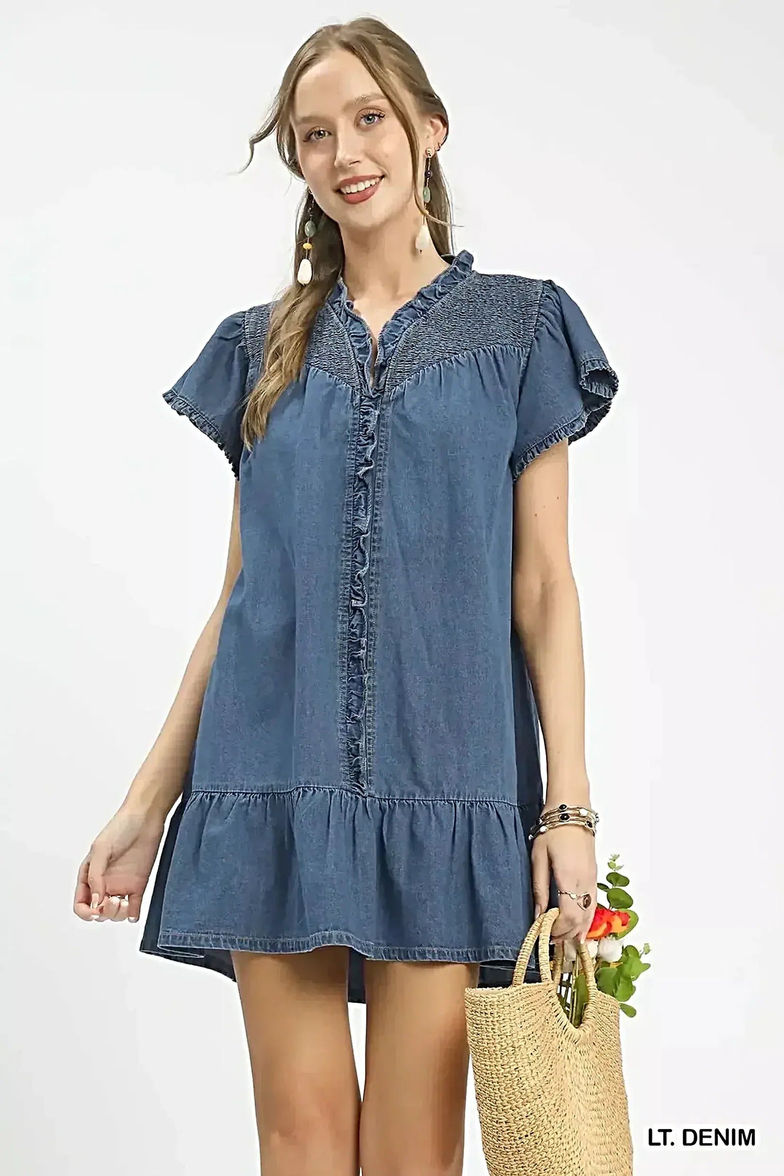 Umgee Ruffled Washed Denim Dress -