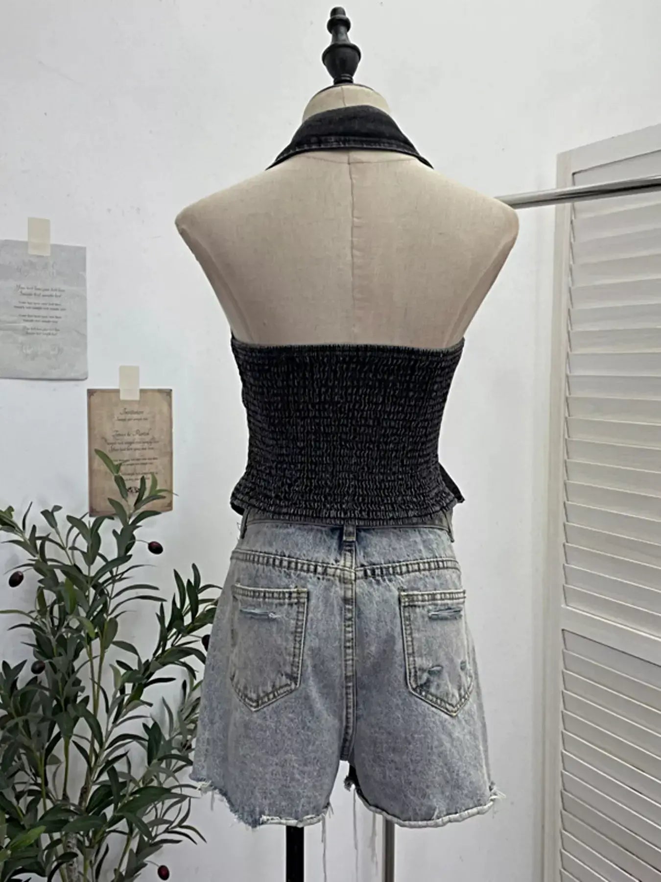 Smocked Denim Halter Collar Top -