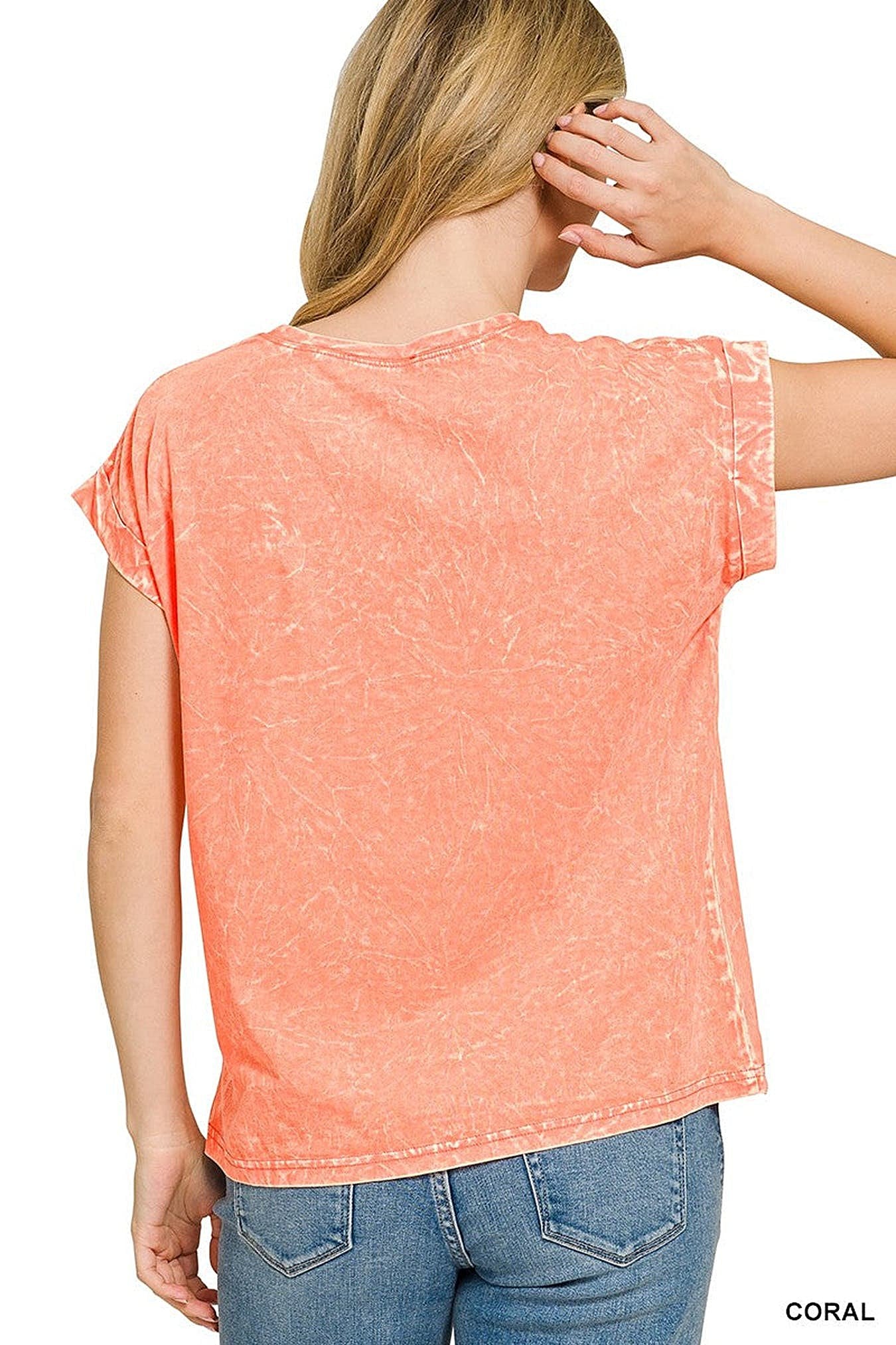Zenana Crinkle Washed Round Neck Folded Short Sleeve Tee -