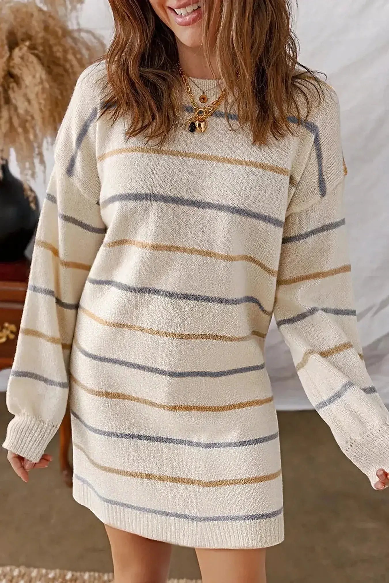 Striped Dropped Shoulder Oversized Sweater Dress -