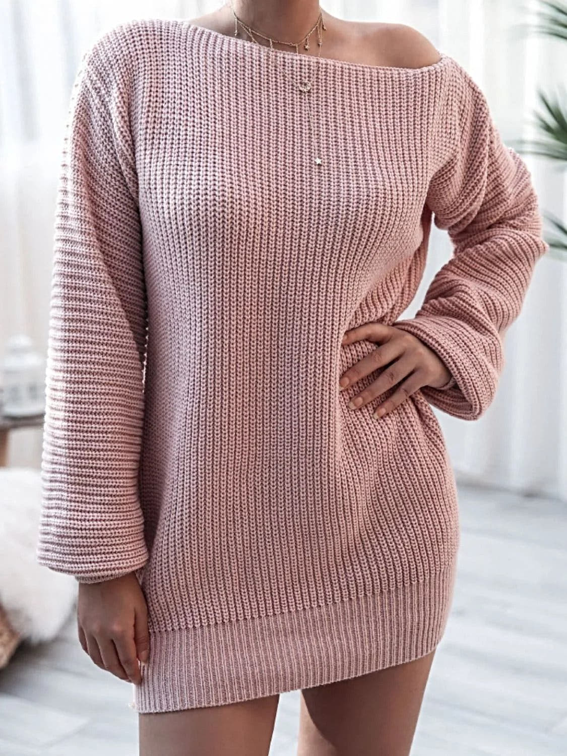 Balloon Sleeve Boat Neck Sweater Mini Dress -