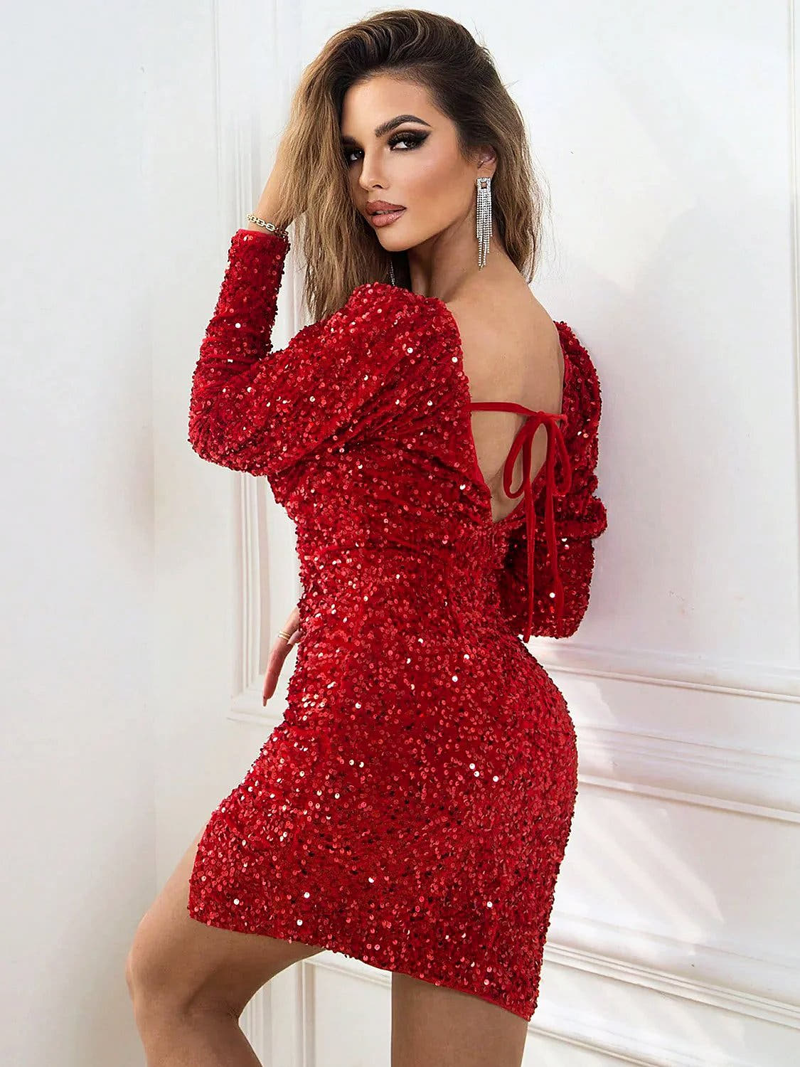 Glamorous 2-In-1 Slit Sequin Dress With Sweetheart Neckline And Tie Back, Long Sleeves Trendsi