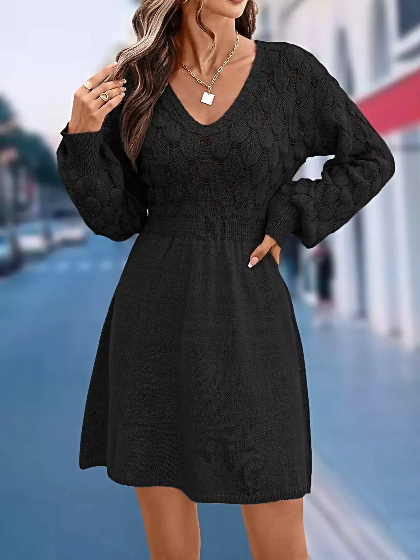 V-Neck Long Sleeve Sweater Dress -