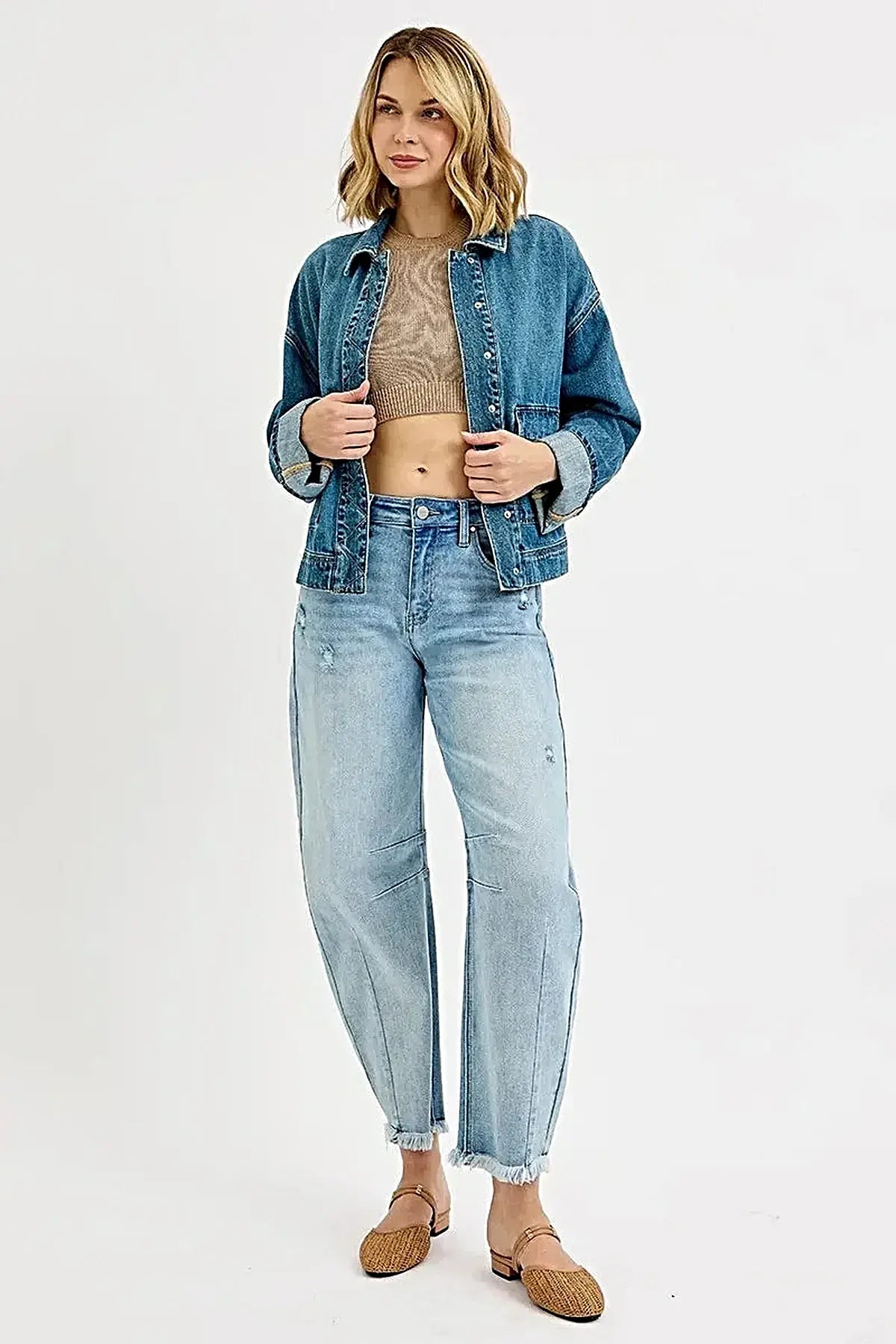 RISEN Oversized Cargo Pocket Denim Jacket with Cuffed Sleeves -